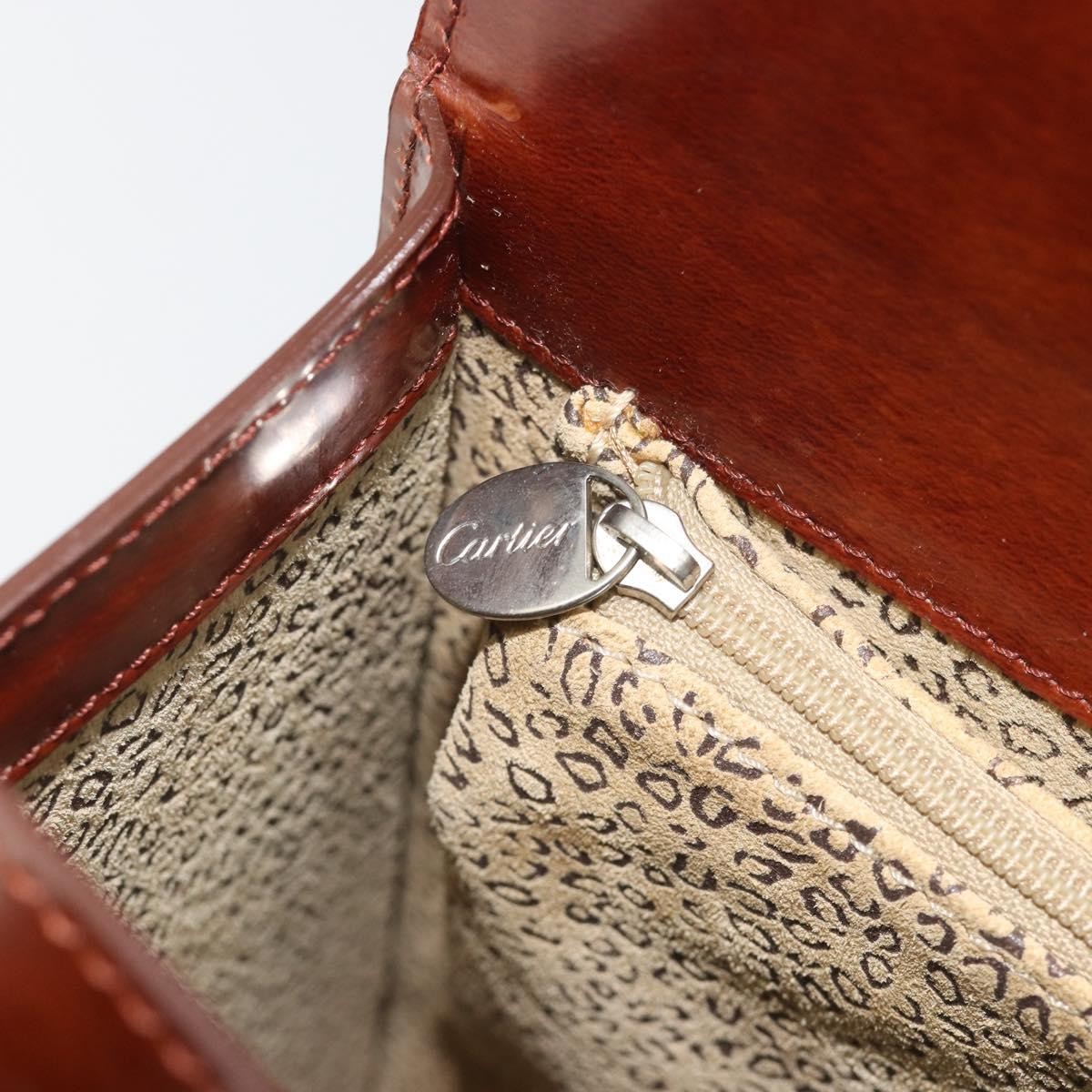 CARTIER PANTHERE Hand Bag Patent leather Brown Silver Auth 194669
