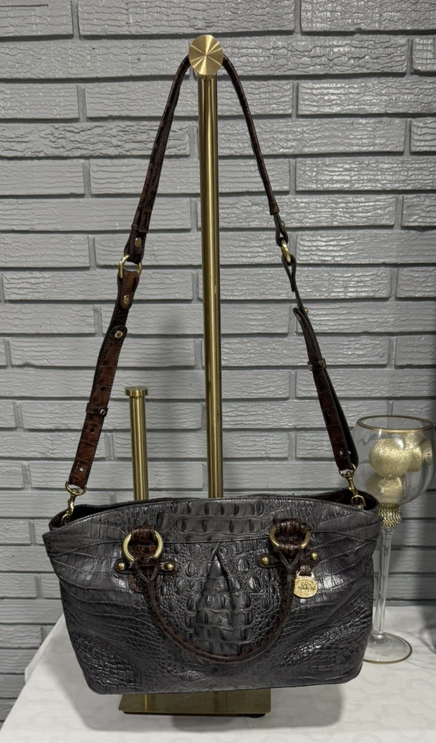 Brahmin Gray Brown Crocodile Embossed Leather Satchel Crossbody Handbag