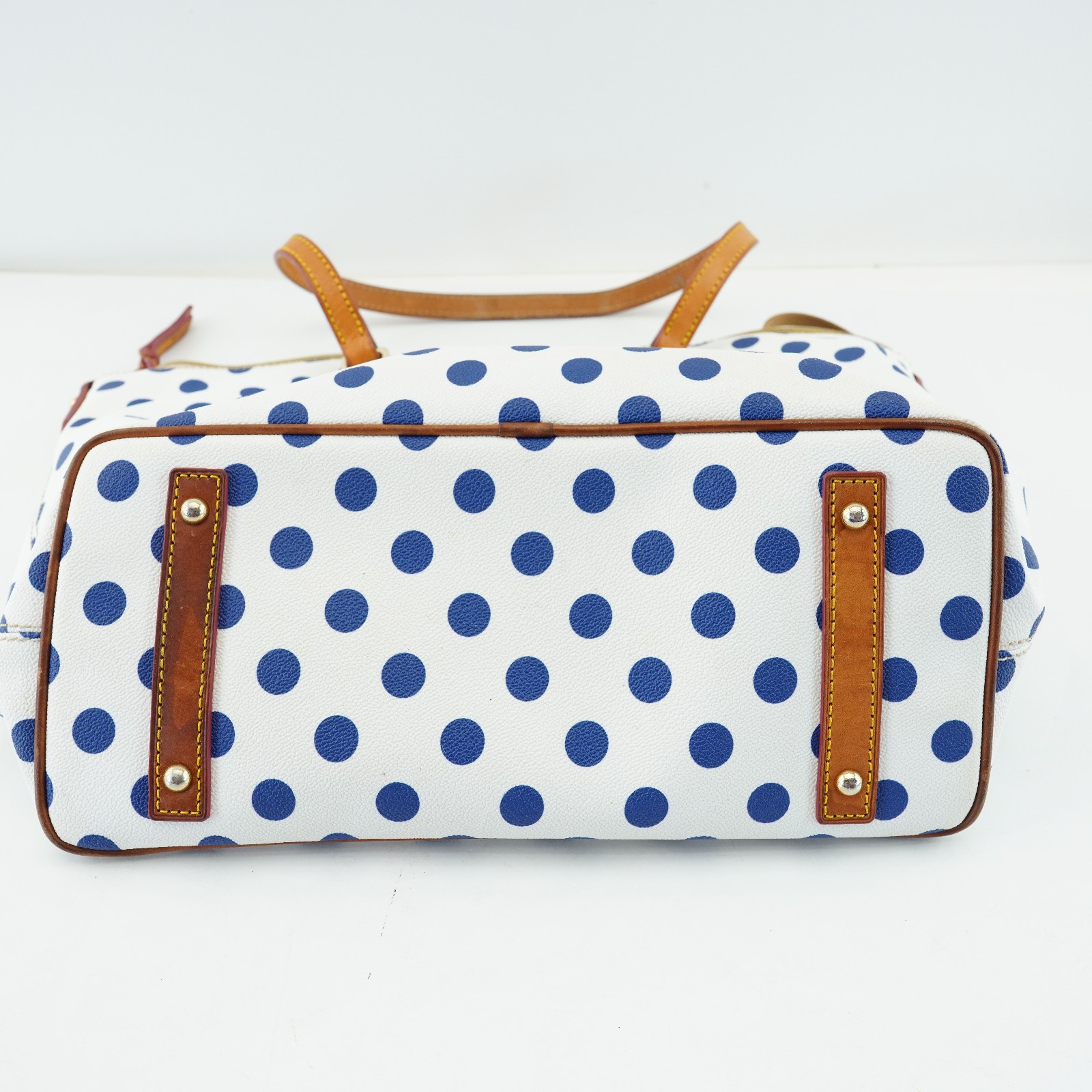Dooney & Bourke White Blue Polka Dot Geena Satchel Wrist Tan Handles