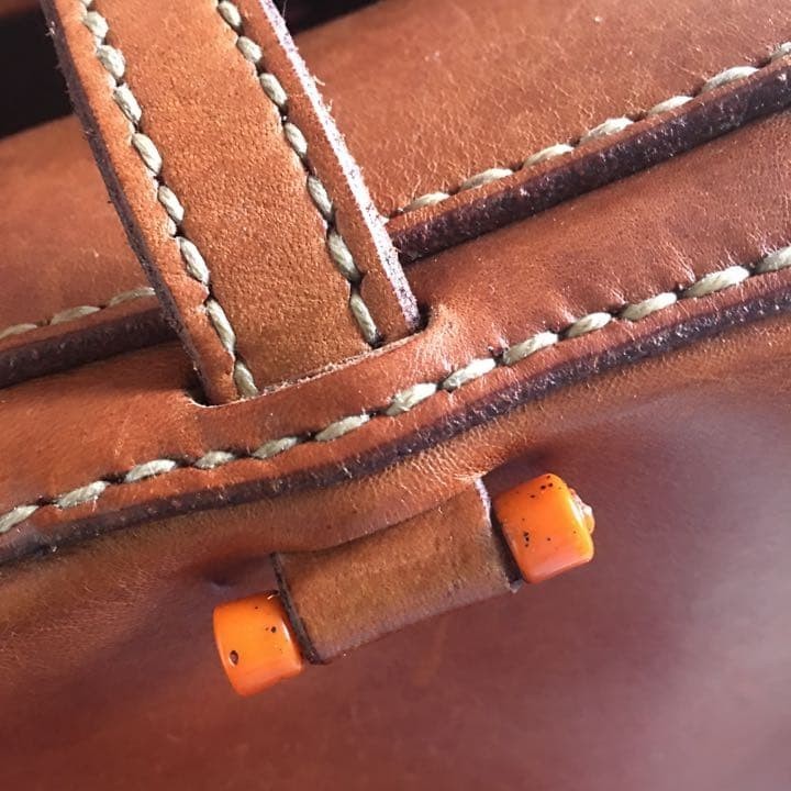 HENRY CUIR CUOIO Leather Tote Bag Brown Handmade Beads Unique Antique From Japan