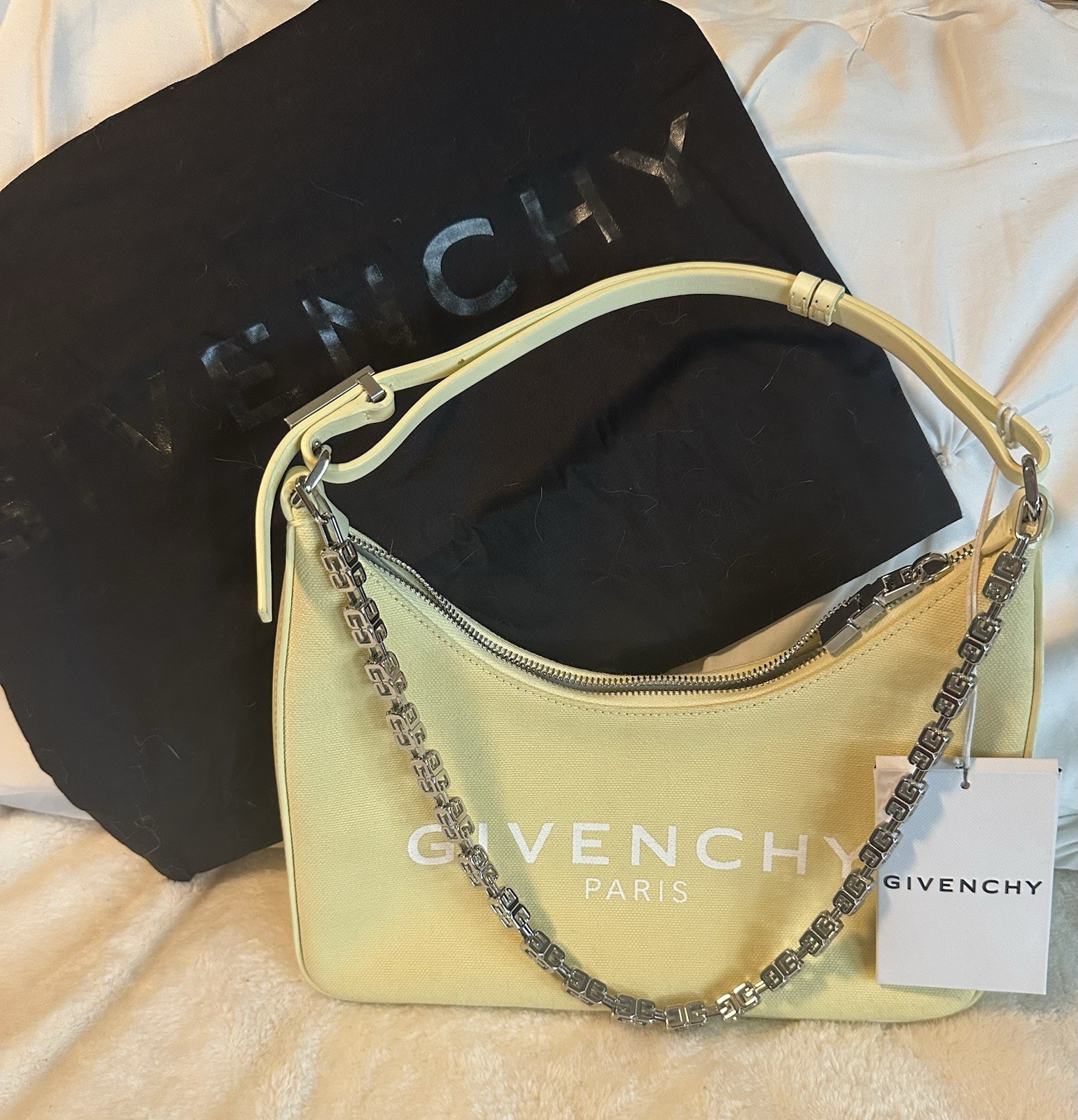 Givenchy Moon Cut Out Canvas Leather Shoulder Bag Yellow Chain Strap NWTDust Bag