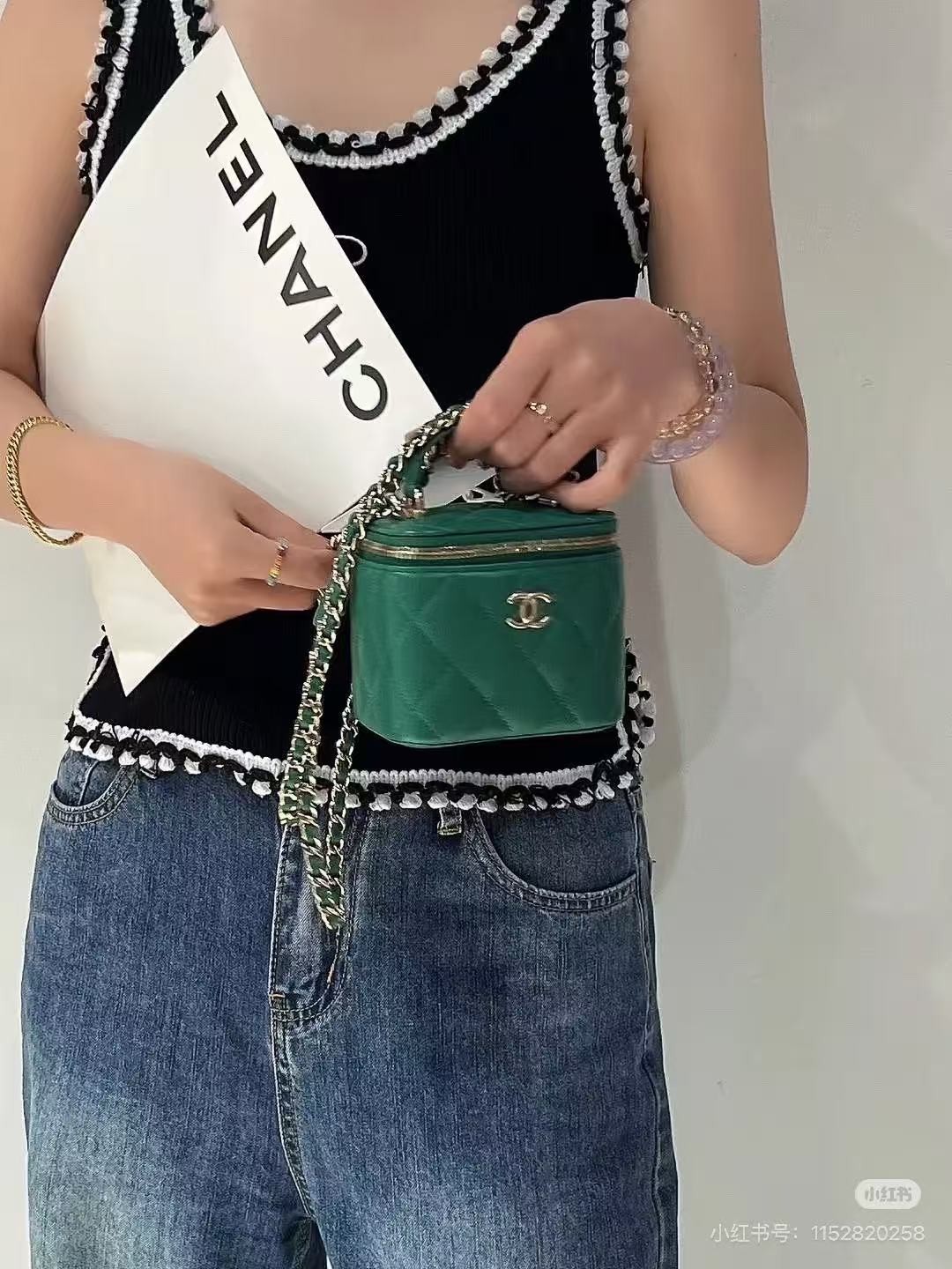 Chanel Mini Vanity Green Lambskin Top Handle Crossbody Light Gold Hardware Auth