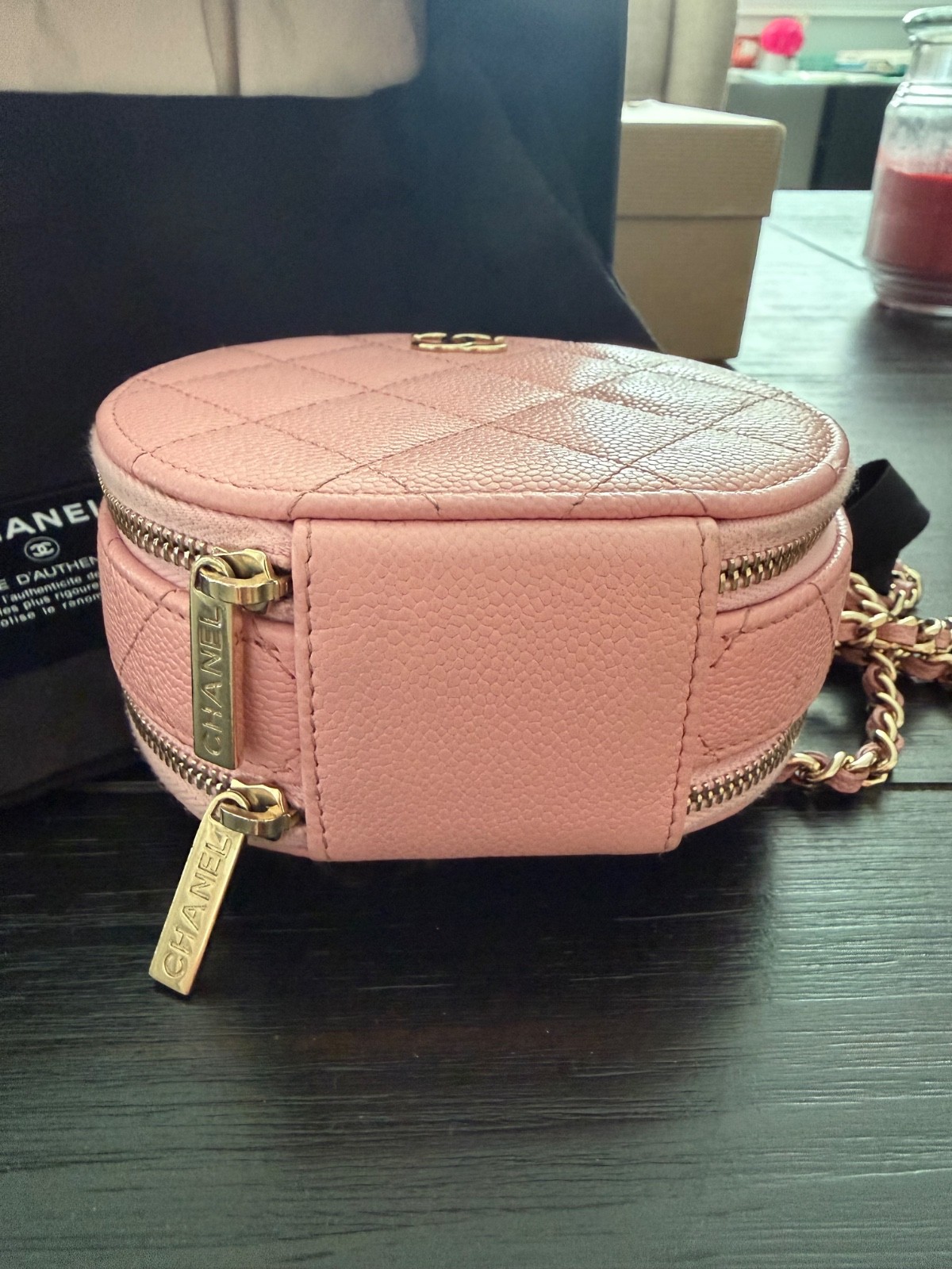 CHANEL Pink Caviar Quilted Round Vanity Case with Chain