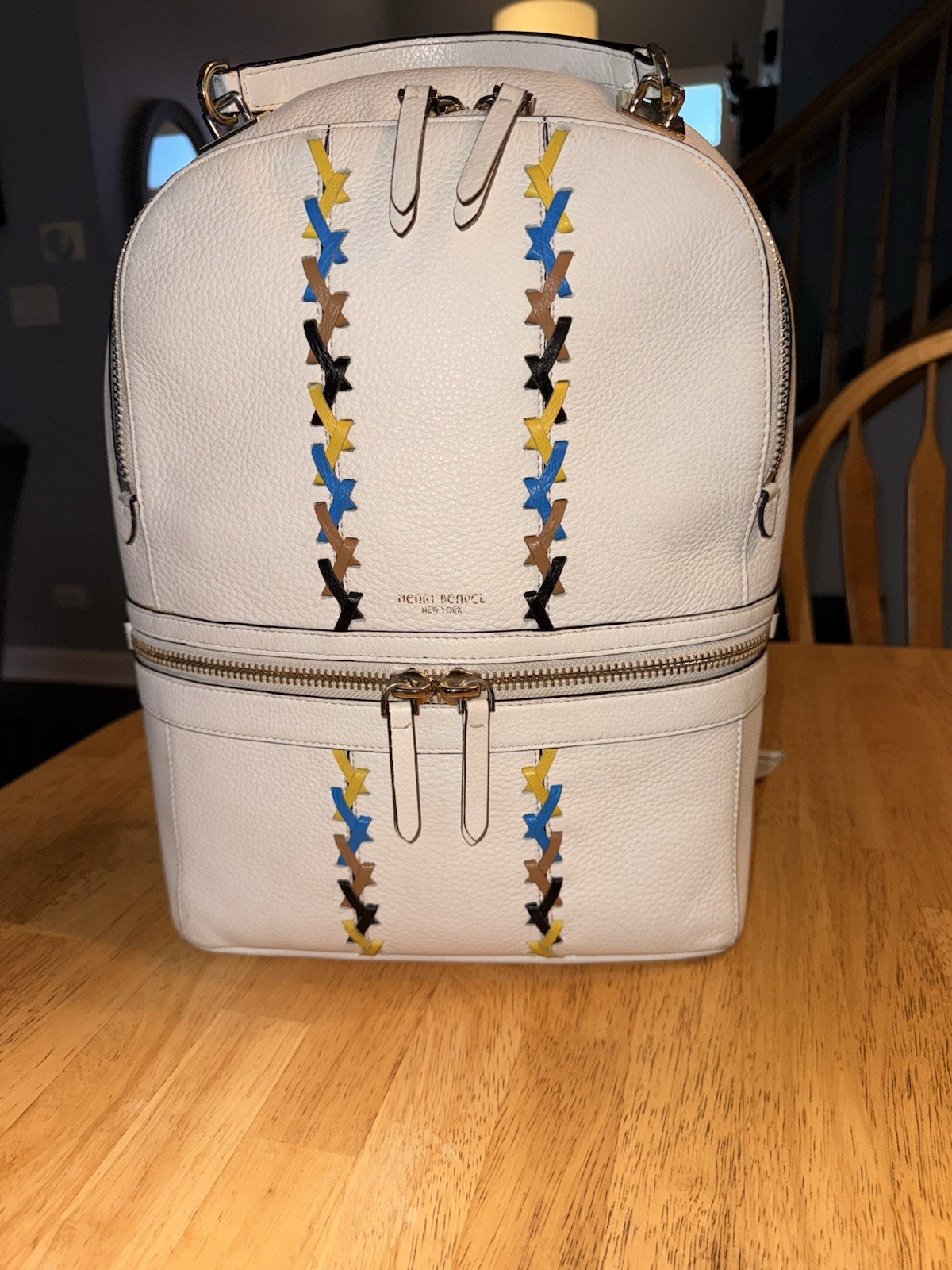 Henri Bendel Soho Large Off White Leather Multi Colored Straps Backpack EUC