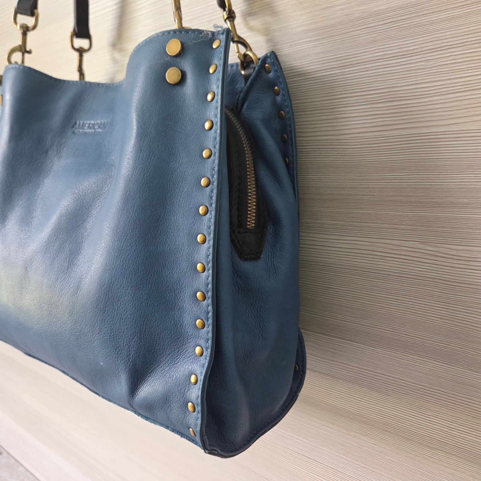 American Leather Co Studded Hobo Shoulder Bag Blue Pebble Leather Brass Studs