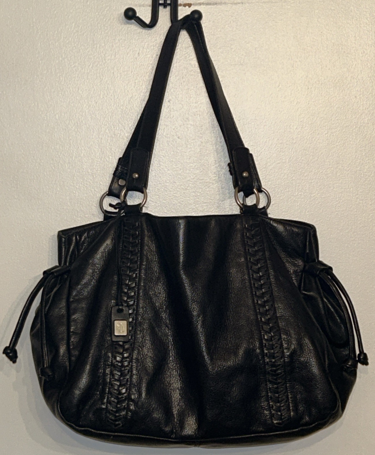 Lauren Ralph Lauren Black Leather Shoulder Drawstring Hobo Bag Braided Detail