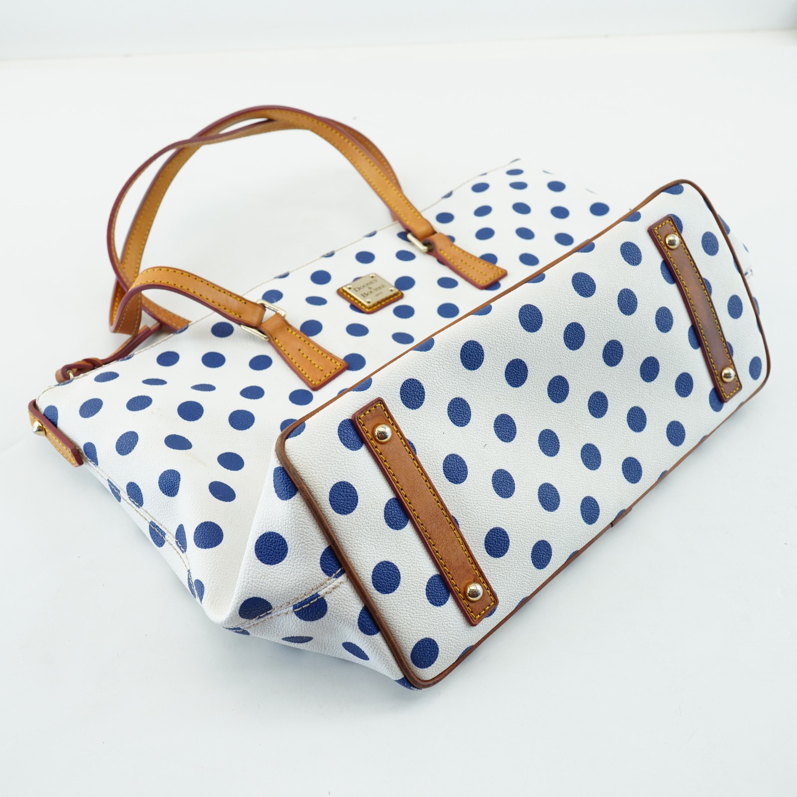Dooney & Bourke White Blue Polka Dot Geena Satchel Wrist Tan Handles