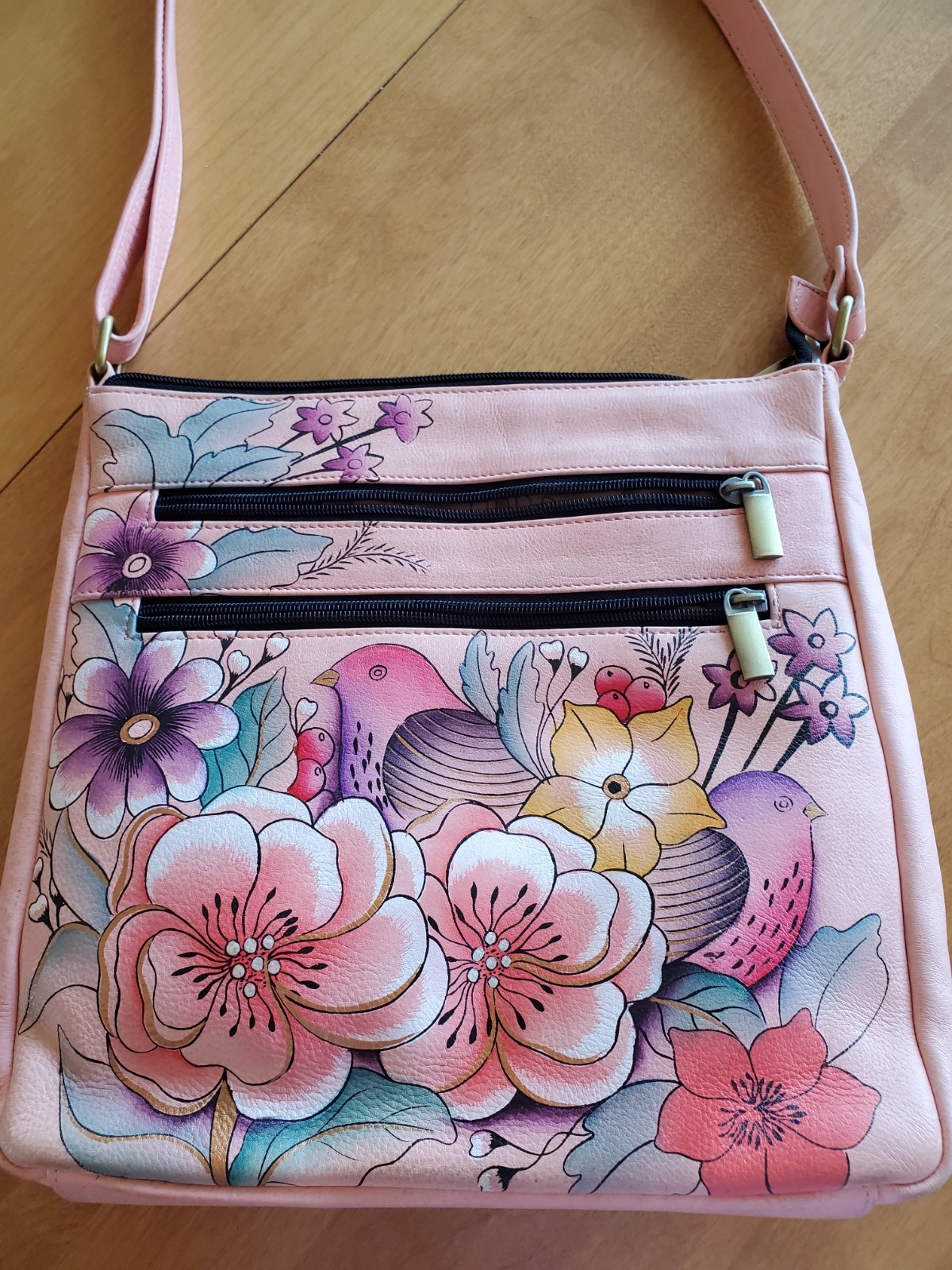 Anuschka Retro Crossbody Purse Pink w/ Birds and Flowers Adjustable strap