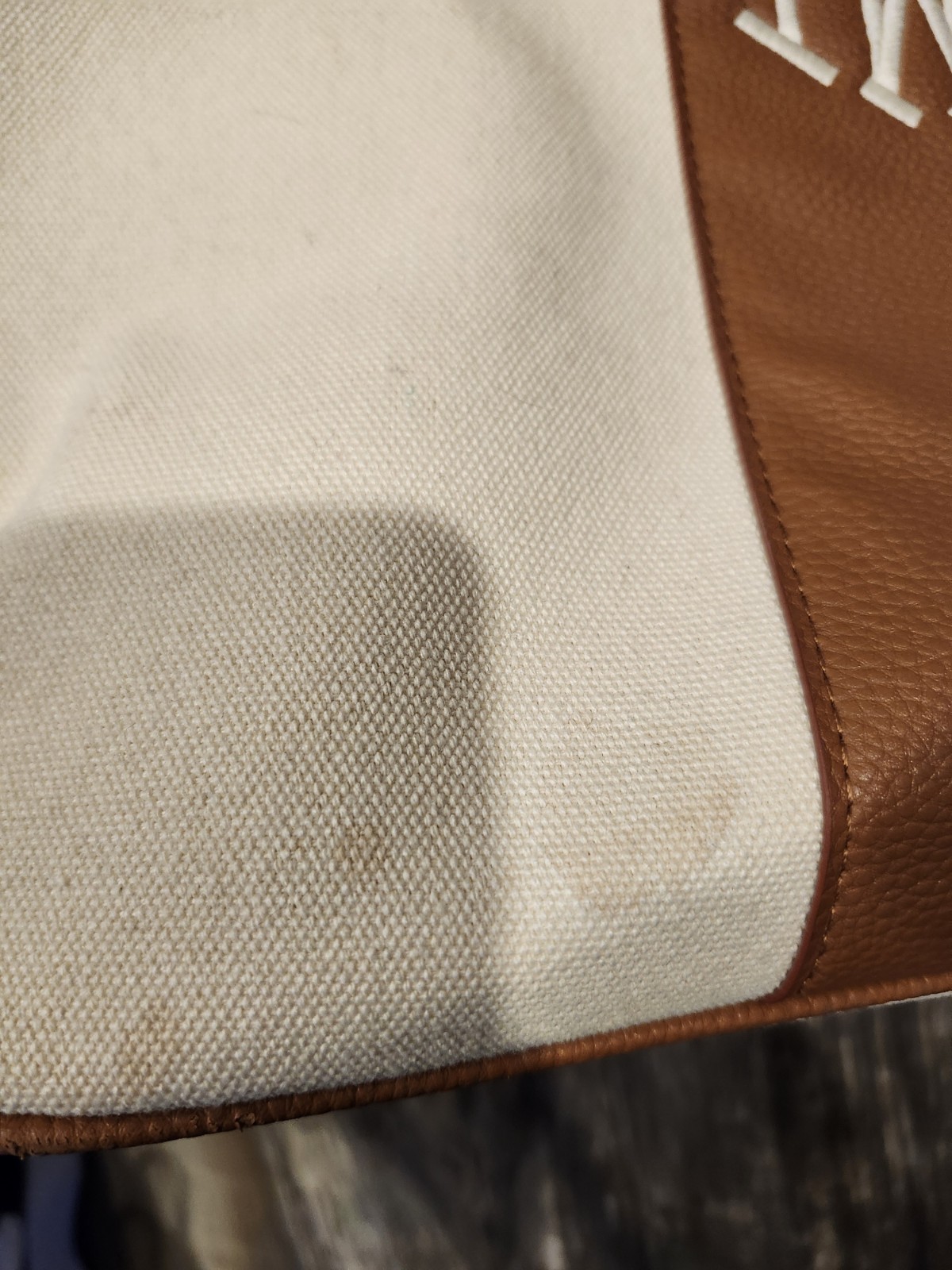 MARLEYLILLY Canvas Tote Bag with Monogram “TWL” – Brown Faux Leather Trim NEW