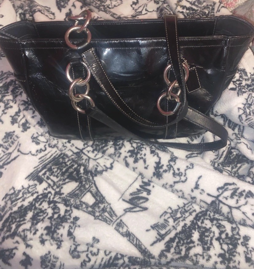 Coach Madison Black Patent Satchel Top Handle Bag Zip Turn Lock Detachable Strap