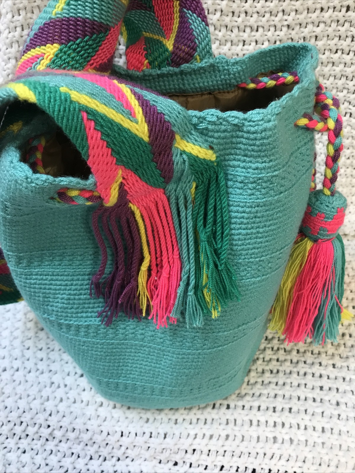 BOHO OVER THE SHOULDER CROSS BODY PURSE BAG CROCHET/KNIT TURQUOISE WITH TASSELS