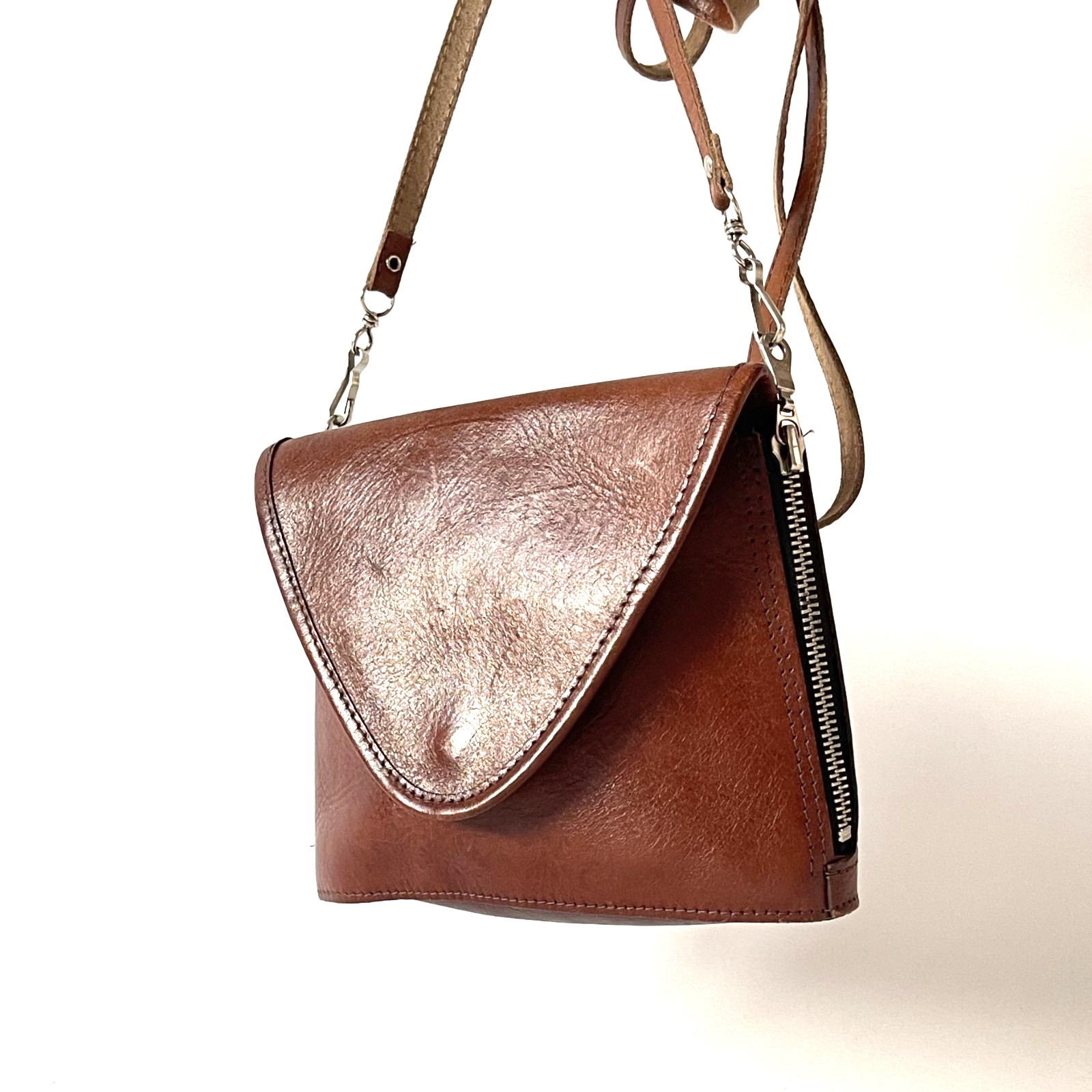 Vintage Brown Genuine Leather Crossbody Bag Triangle Flap Small Shoulder Purse