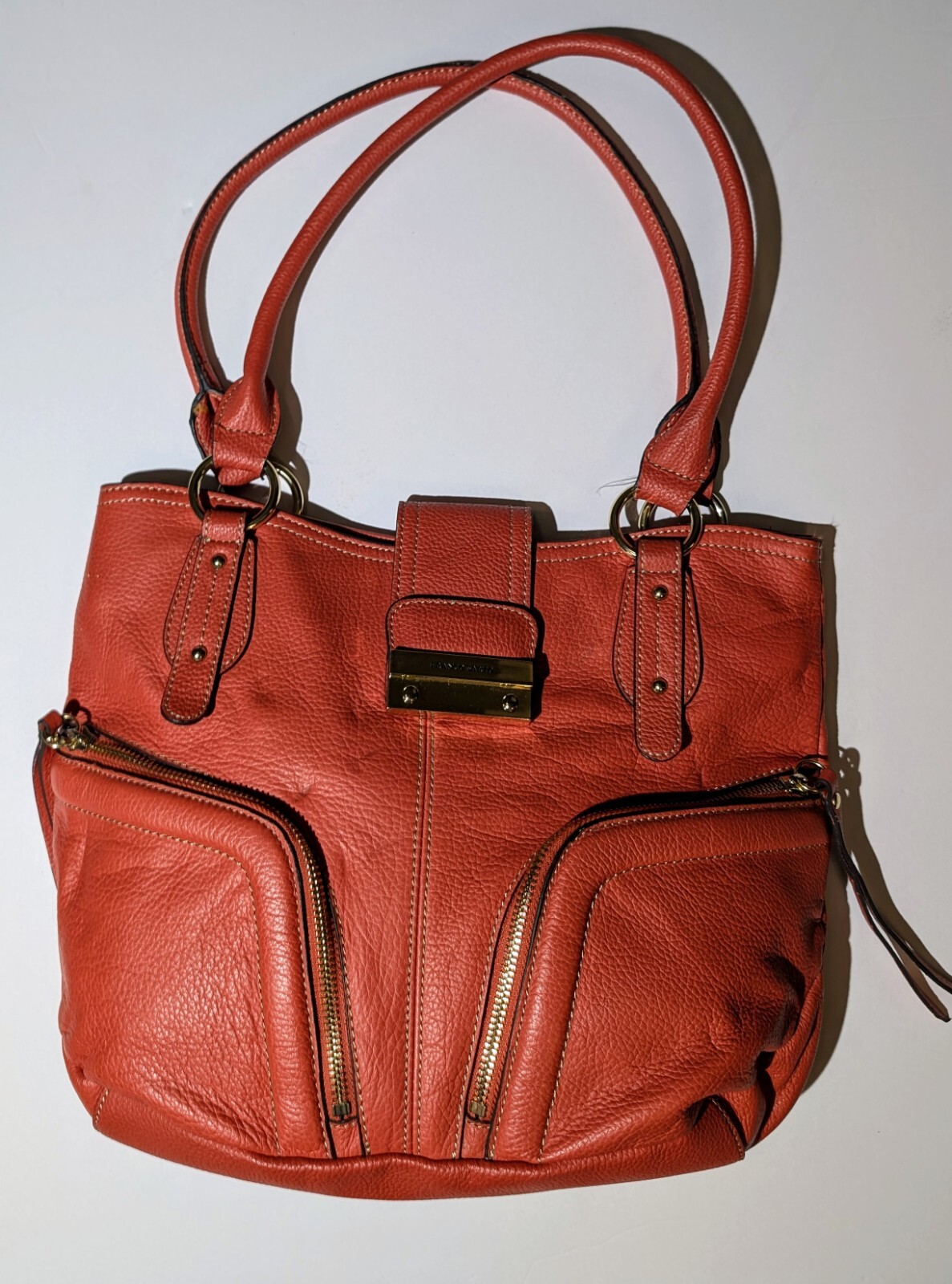 FRANCO SARTO SHOULDER BAG PURSE ORANGE LEATHER MEDIUM Zip Front Pockets
