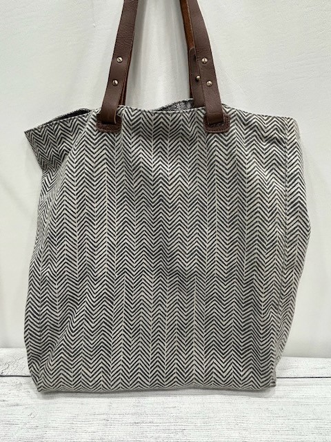 INOUITOOSH Tote Bag Cafe Print Wool Blend Leather Handle Gray 14.5in x 13in