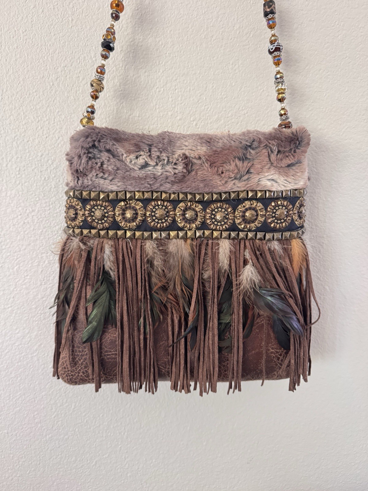 Handmade Boho Fringe Crossbody Purse Beaded Strap Faux Fur Feather Festival Bag