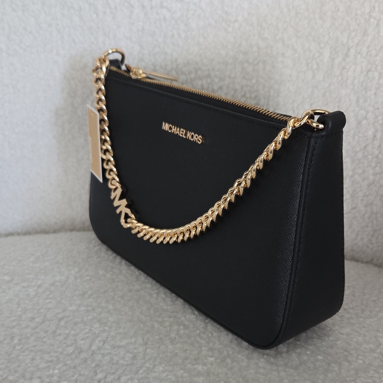 Michael Kors Logo Zip Shoulder Bag Black Rectangle, Gold Chain Strap Hardware