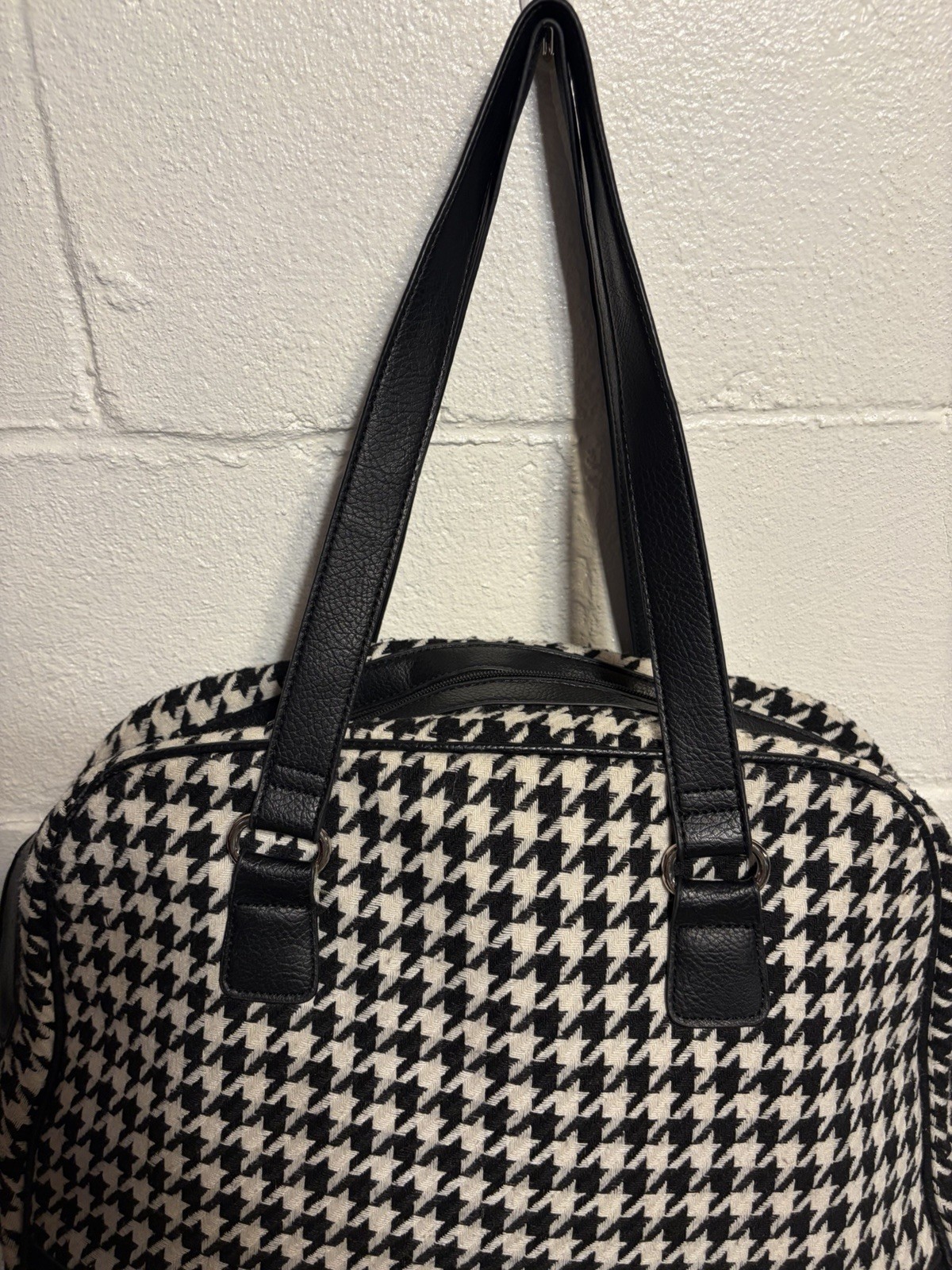 Women’s Black & White Houndstooth Satchel Top Handle Zip, Lined Silver