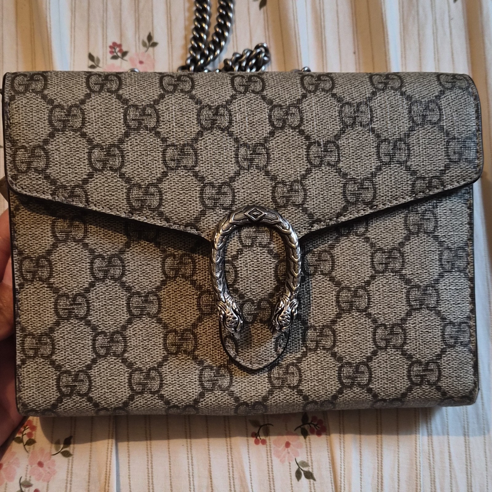 Gucci Small GG Monogram Crossbody Bag Beige/Brown Chain Strap Snap Closure