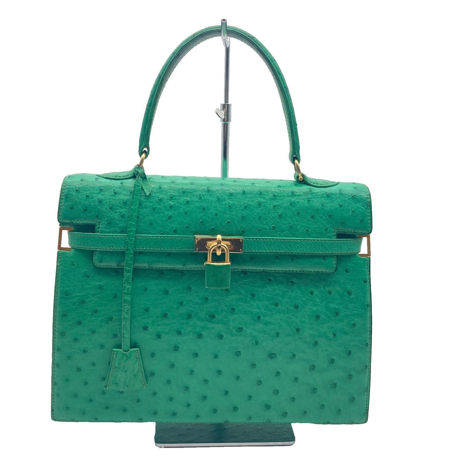 MORABITO Scala Top Handle Bag Ostrich Green Leather Formal Authentic 28cm