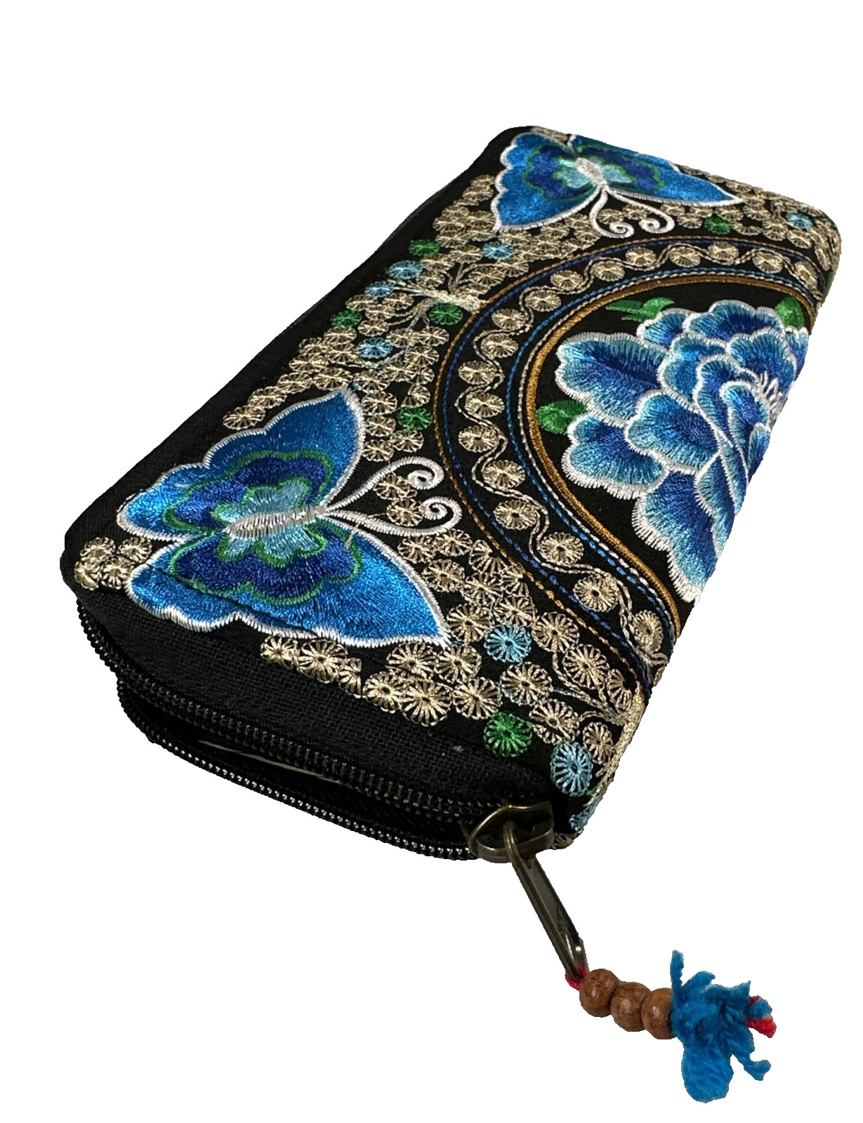VTG Blue Silk Embroidery Floral Wallet With YKK Zipper Butterflies and Flowers