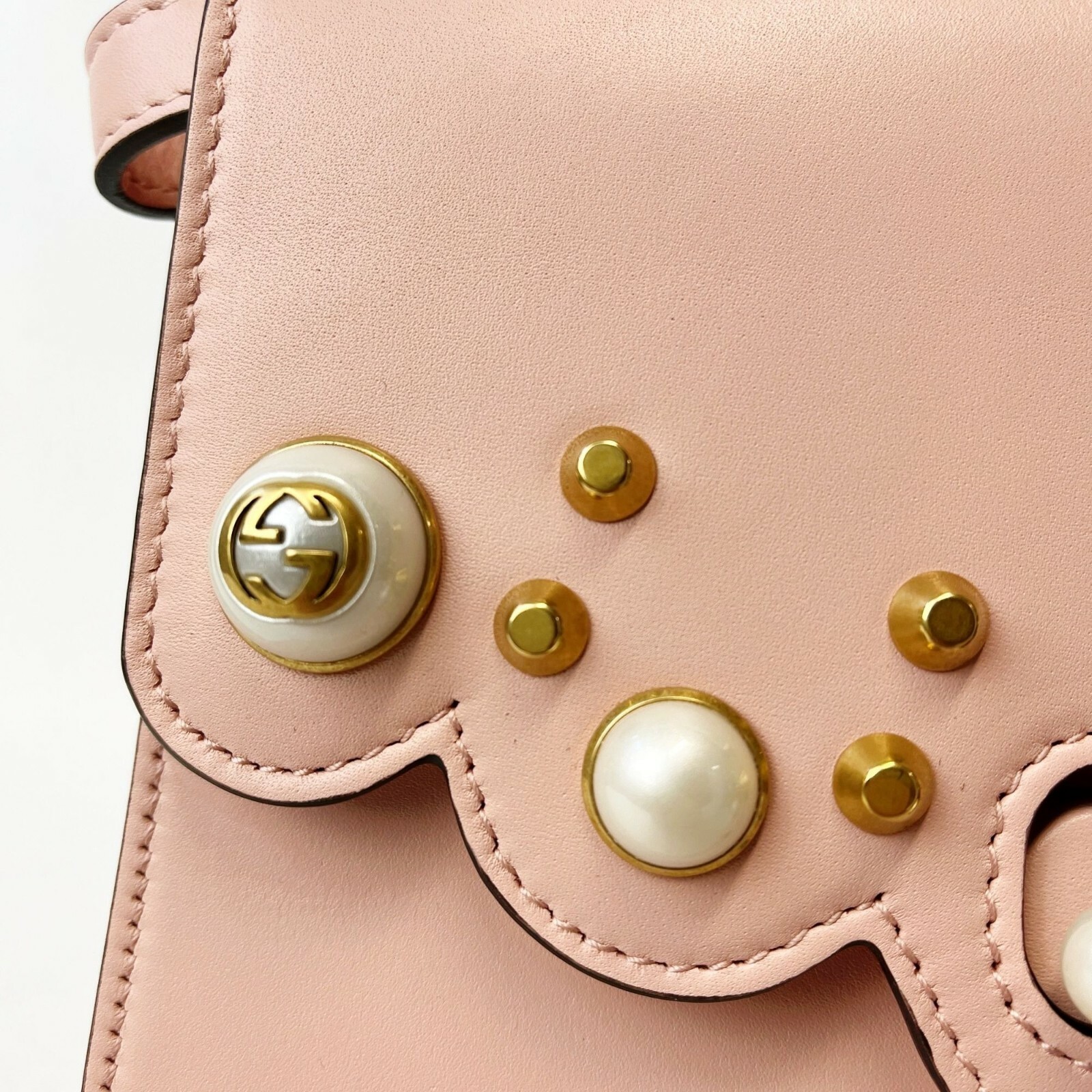 NEW GUCCI 2 Way Bamboo Handle Pink Satchel Pearl Studded Leather Shoulder Bag