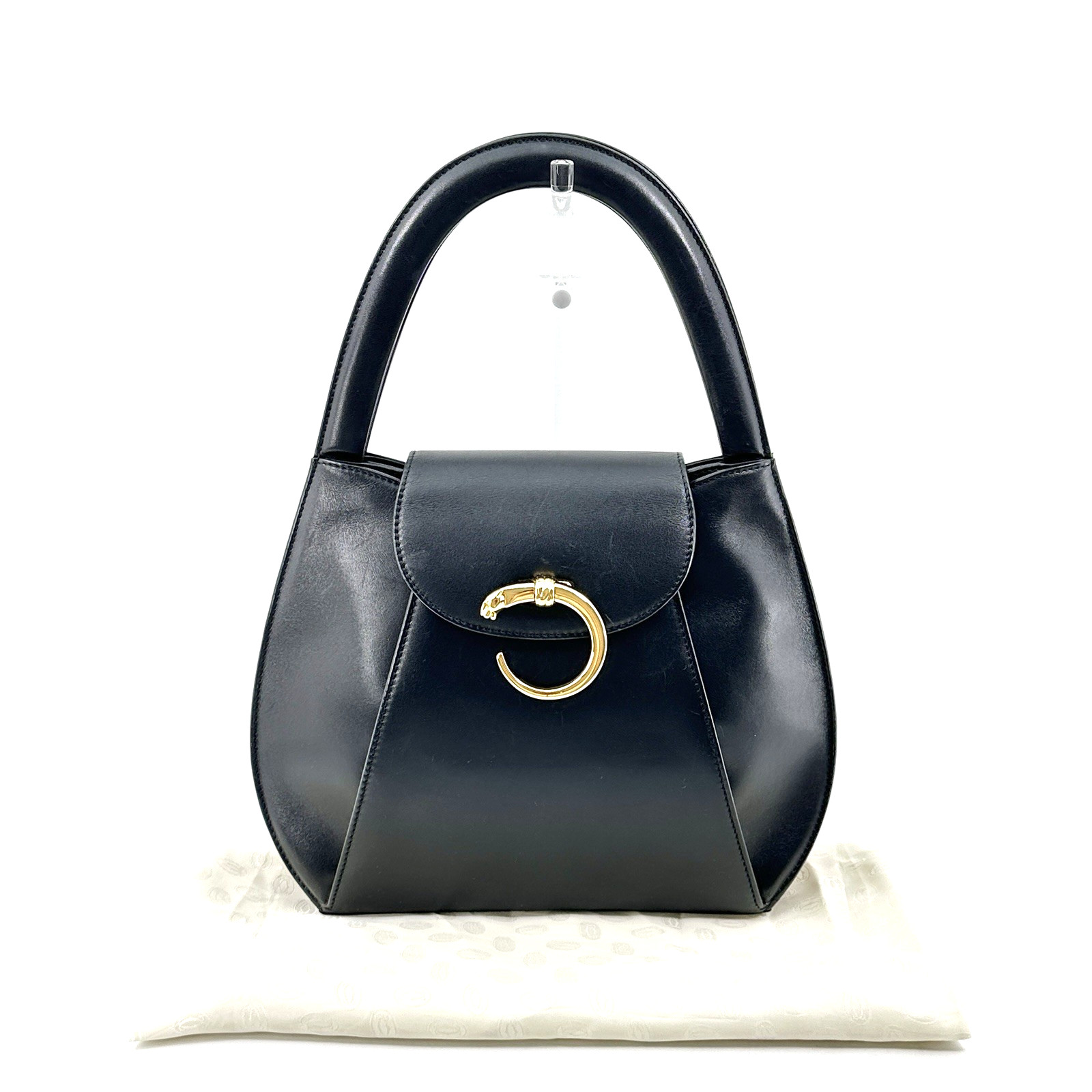 Cartier Panthere Leather Hand Bag Black Gold Authentic