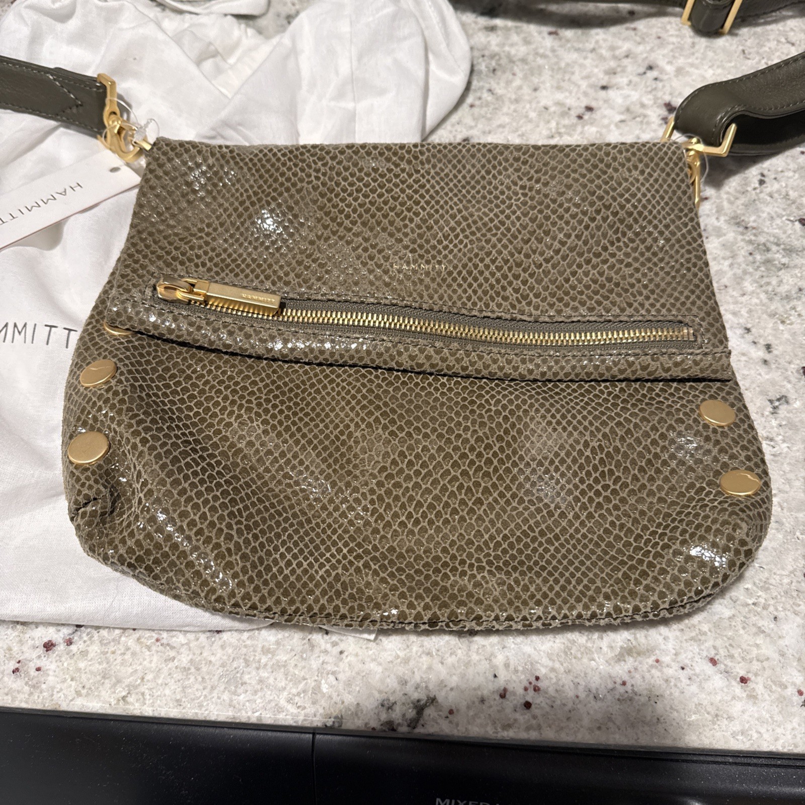 NEW HAMMITT VIP Medium Leather Crossbody Bag olive Green Snake Print/Brush Gold