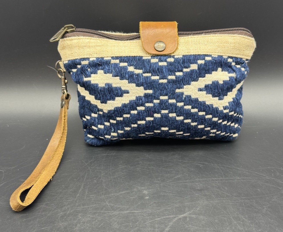 Artisan Woven Wristlet Pouch Made in Thailand Blue Tribal Textile Leather Strap