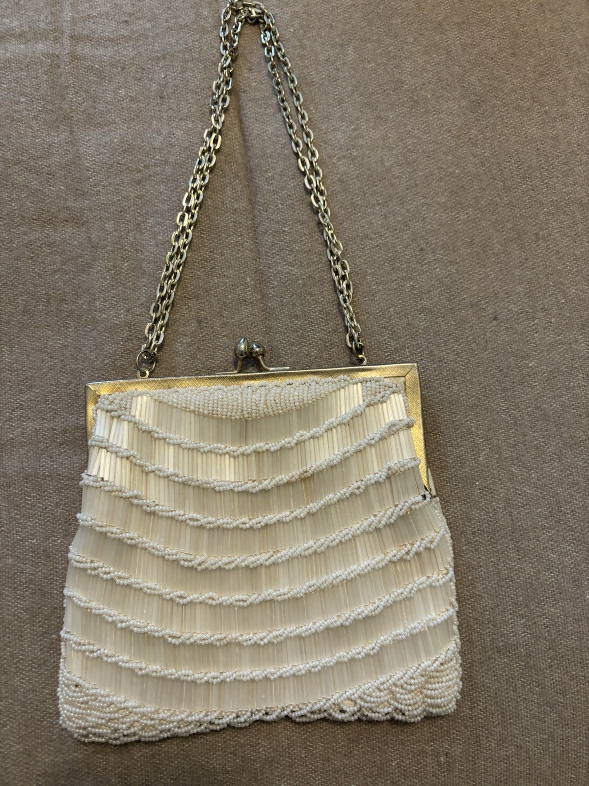 White Beaded Evening Clutch Purse Gold Kiss Lock Frame Chain Strap Handmade