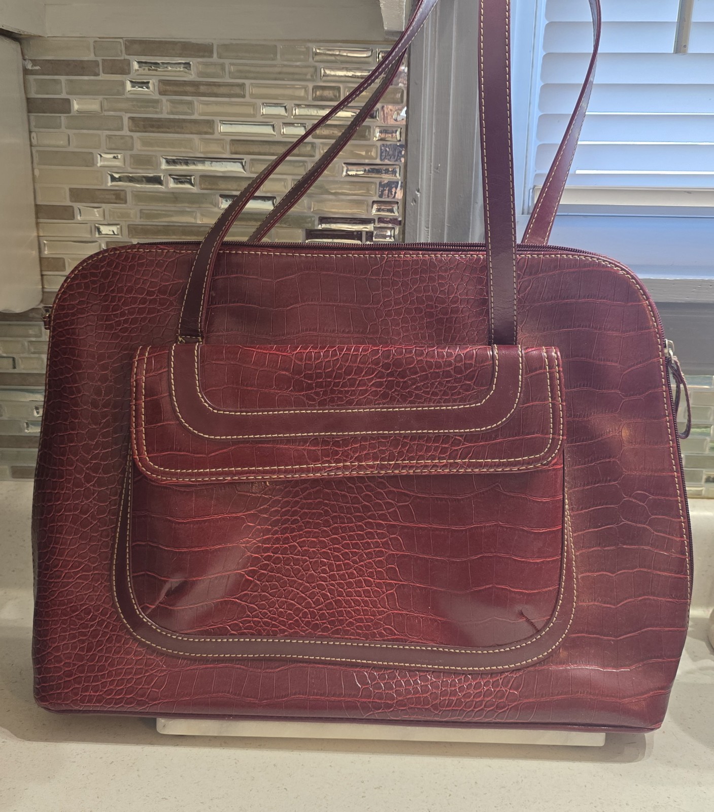 Attention Burgundy Croc Embossed Zip Top Handle 15.6″ Laptop Tote Bag