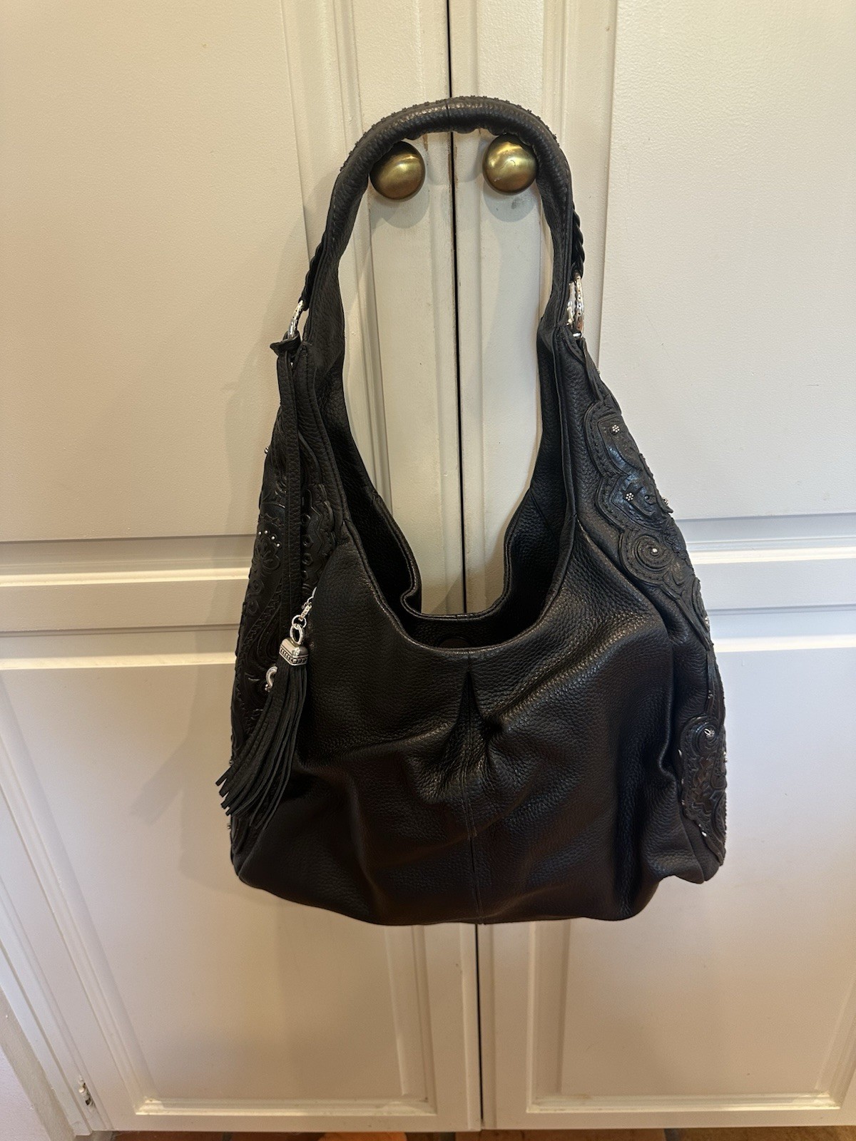 BRIGHTON MASTERPIECE 3D STUDDED EMBOSSED BLACK SHOULDER HANDBAG