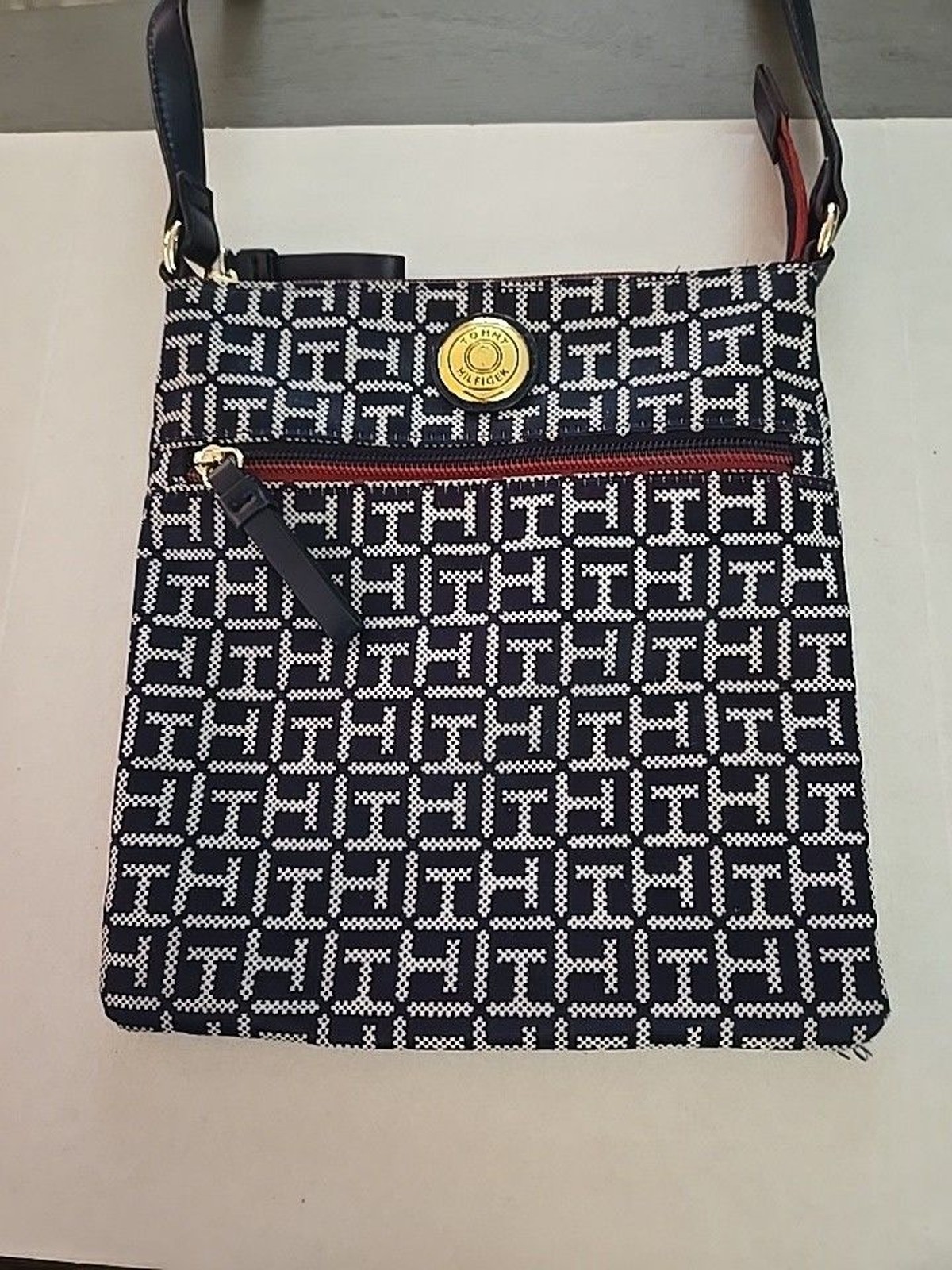 Tommy Hilfiger Crossbody Bag Monogram Black/Tan W/Red Accents Gold Logo Button