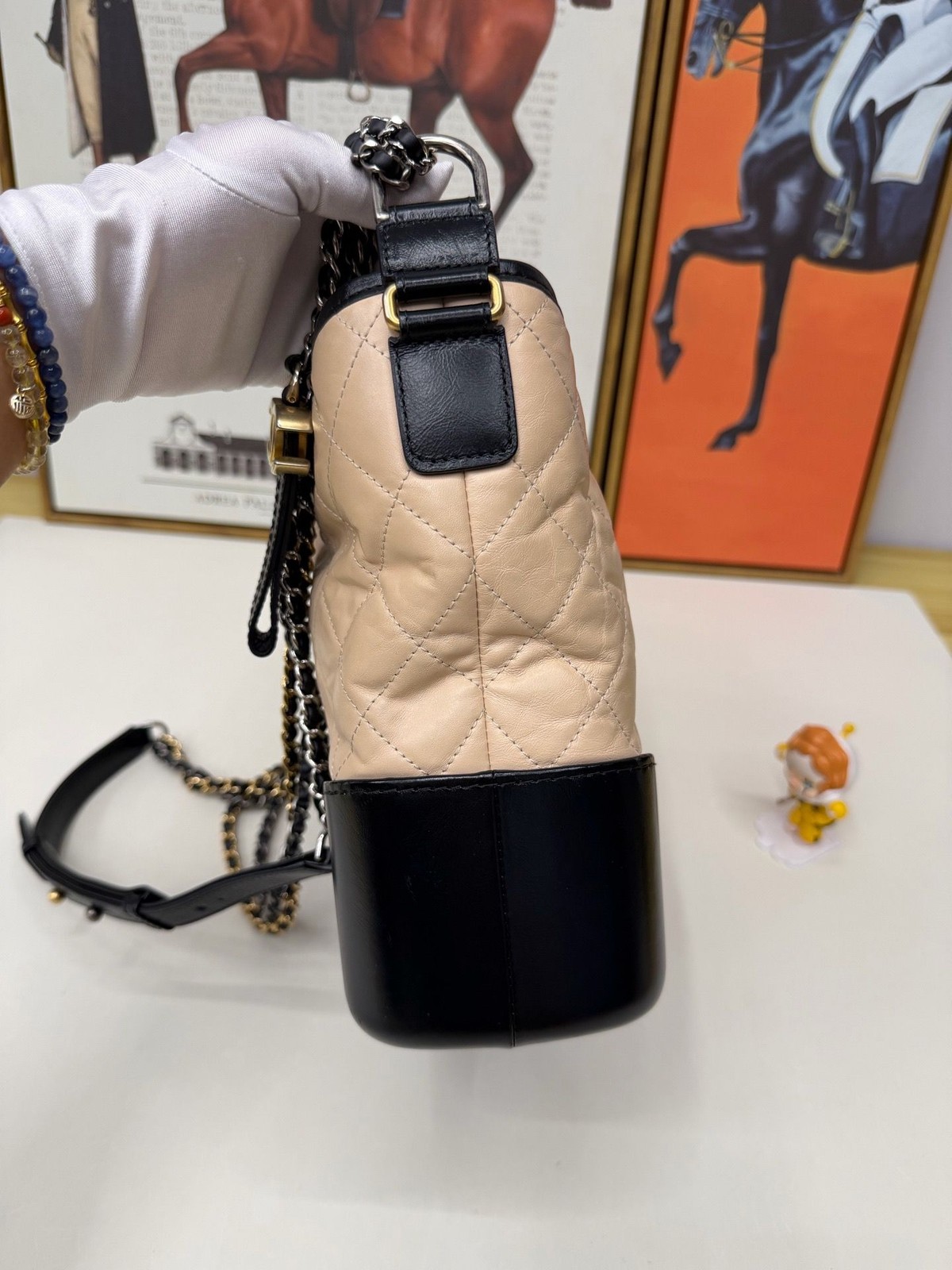 Chanel Gabrielle Medium Beige Black Calfskin Mixed Hardware Hobo Crossbody Bag