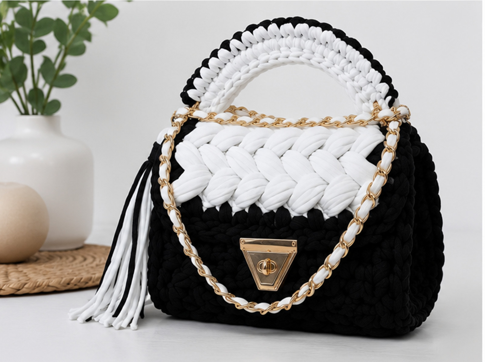 Black & White Crochet Handbag, Handmade T-Shirt Yarn Purse, Luxury Chain
