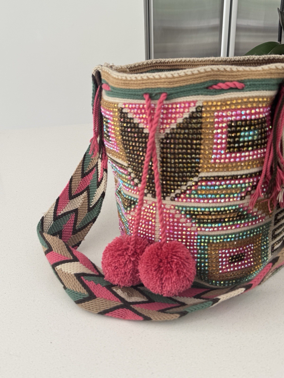 Handmade Crochet Beaded Geometric Bucket Crossbody Bag Drawstring Tassel