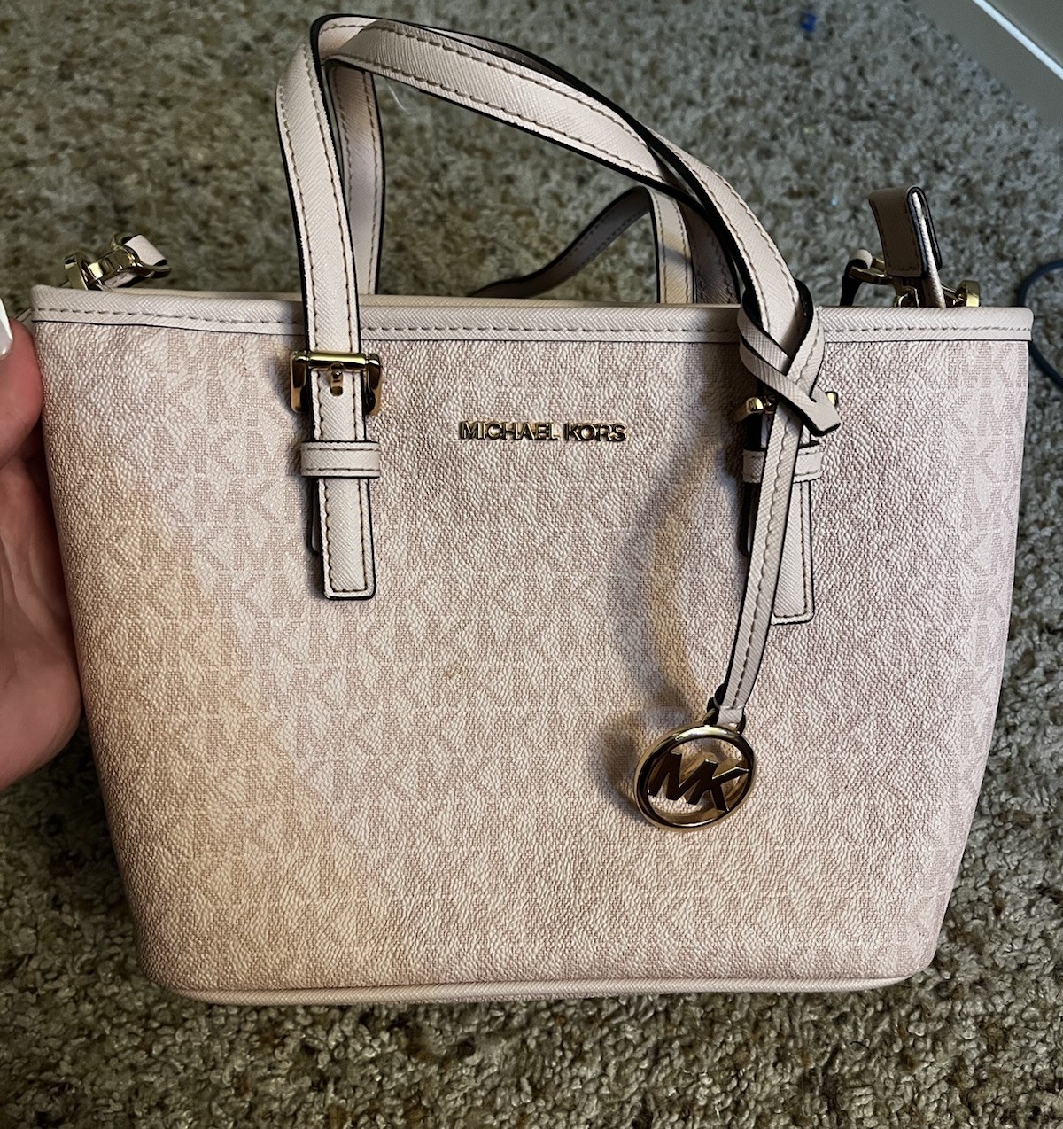 Michael Kors Beige MK Logo Zip Satchel w/ Adjustable Strap & Bag Charm