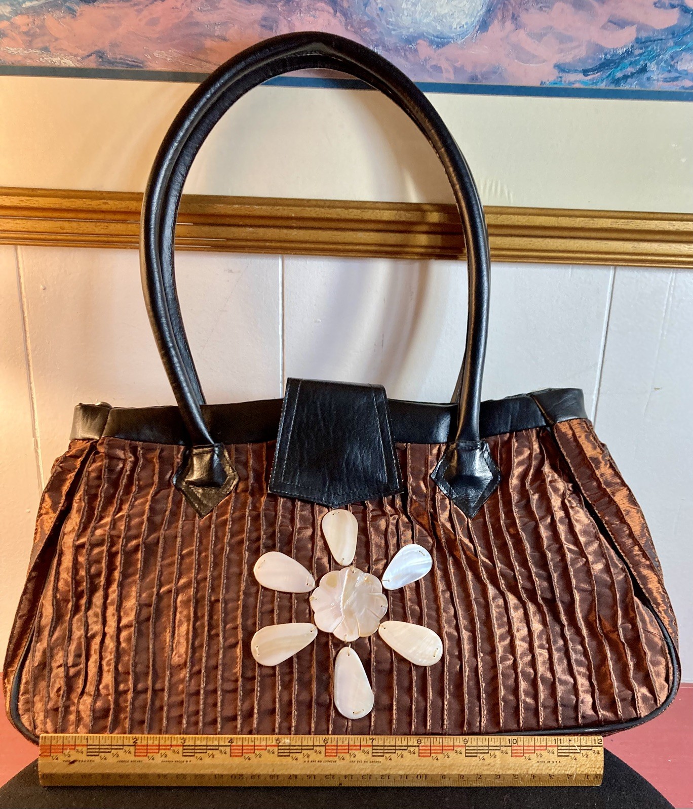 Vintage Y2K Mad Bags Copper Taffeta Silk & Mother Of Pearl Flower Purse
