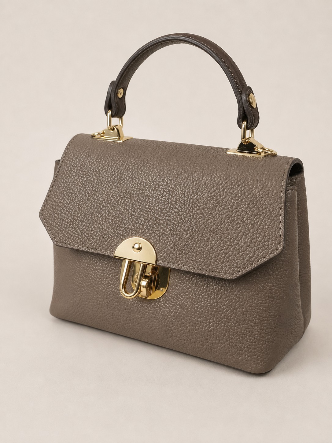Taupe Italian Leather Mini Bag, Structured Crossbody Purse, Gold Hardware, Small