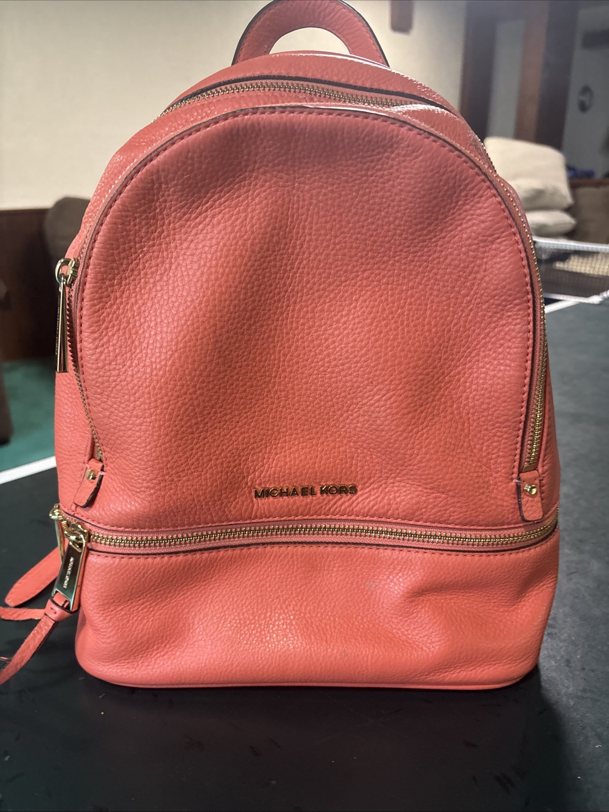 Michael Kors Rhea Zip Medium Leather Backpack Coral Color Block Rhea