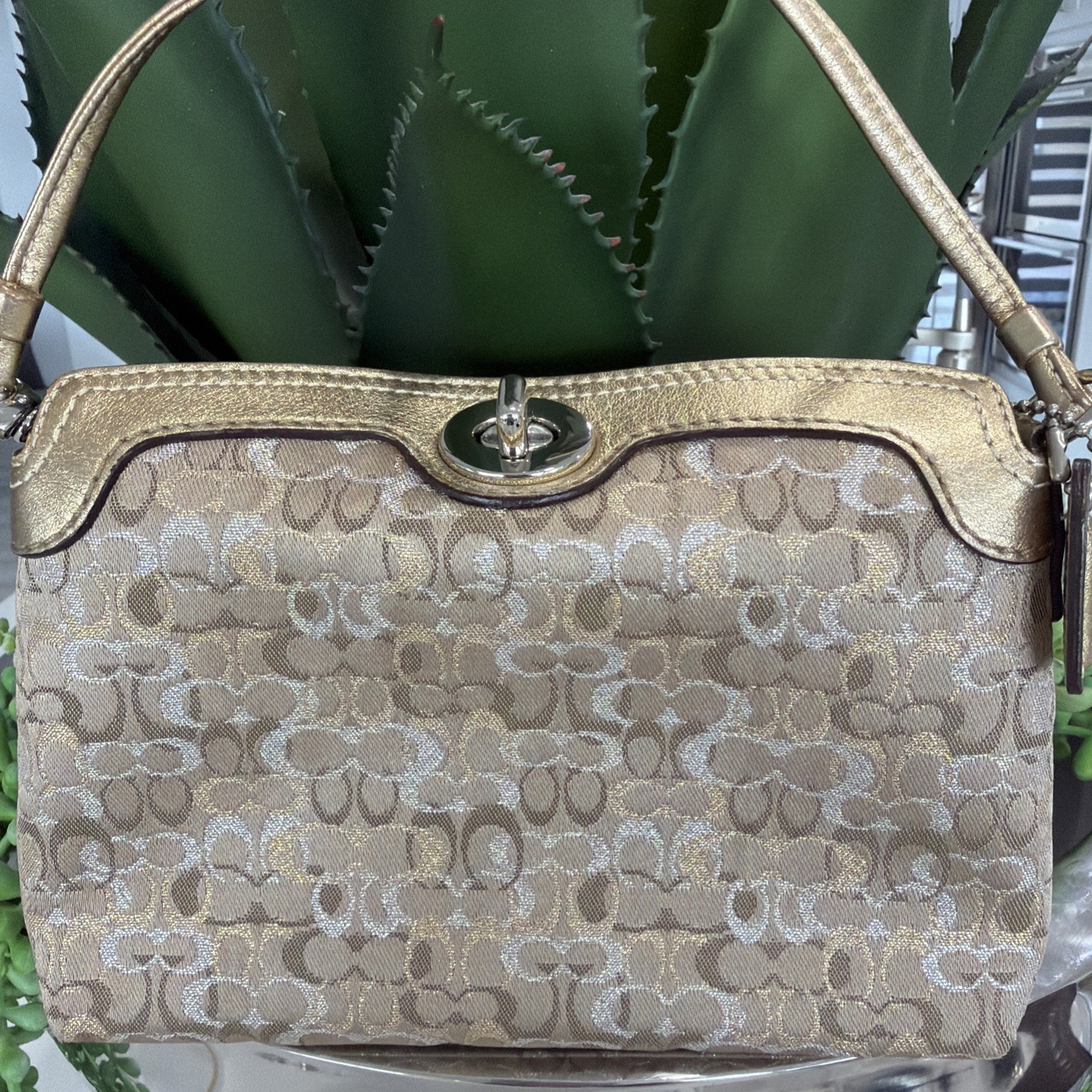 Coach Mini Wristlet Purse ShimmerGold Signature Vintage Extra Strap Not Included