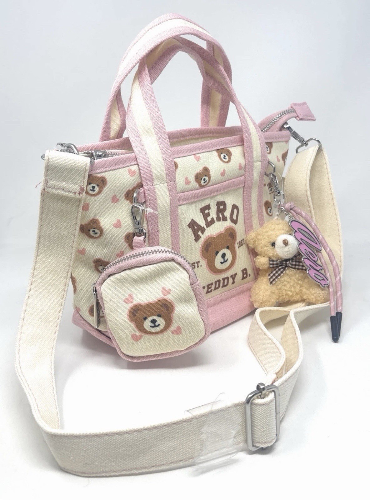 Aeropostale Teddy Bear Hearts Mini Tote Coin Purse Bear Aero Charms