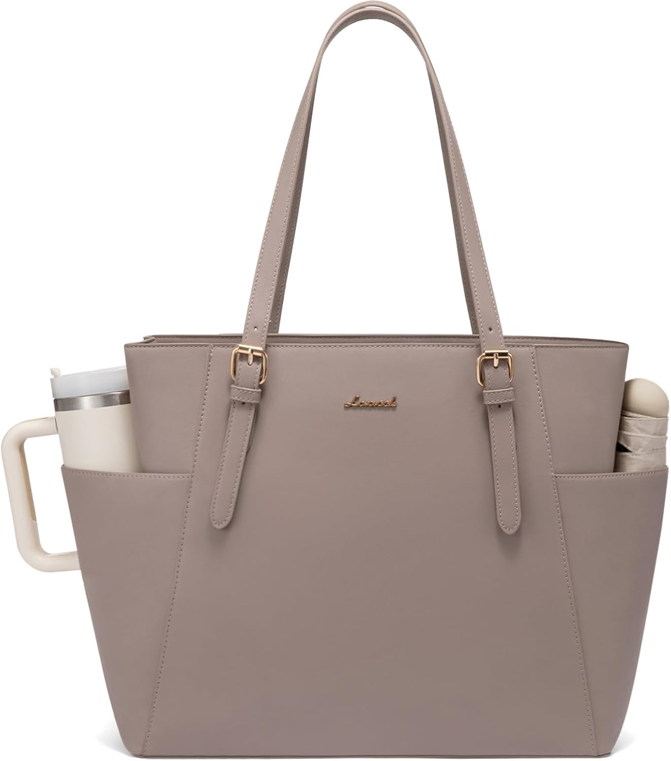 Leather Laptop Tote Bag for Women with Cup Holder, 15.6 Inch Briefcase