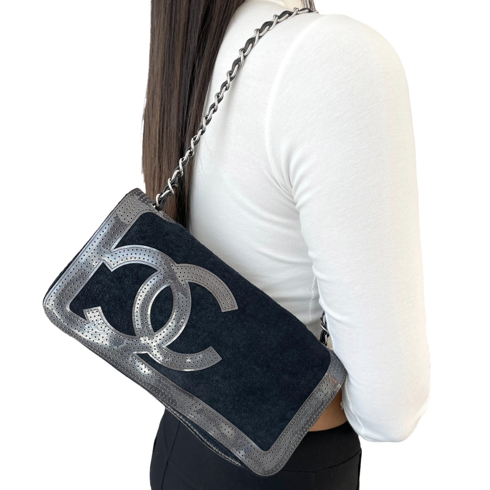 CHANEL Sport Vintage CC Logo Terry Cloth Shoulder Bag Pochette Black Silver