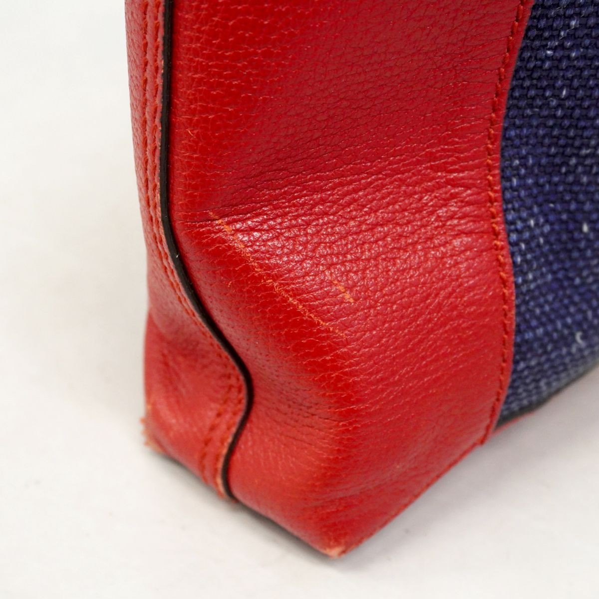 Authentic GUCCI Women’s Canvas Leather Tote Bag 40.5cm Red Navy Gold Hardware