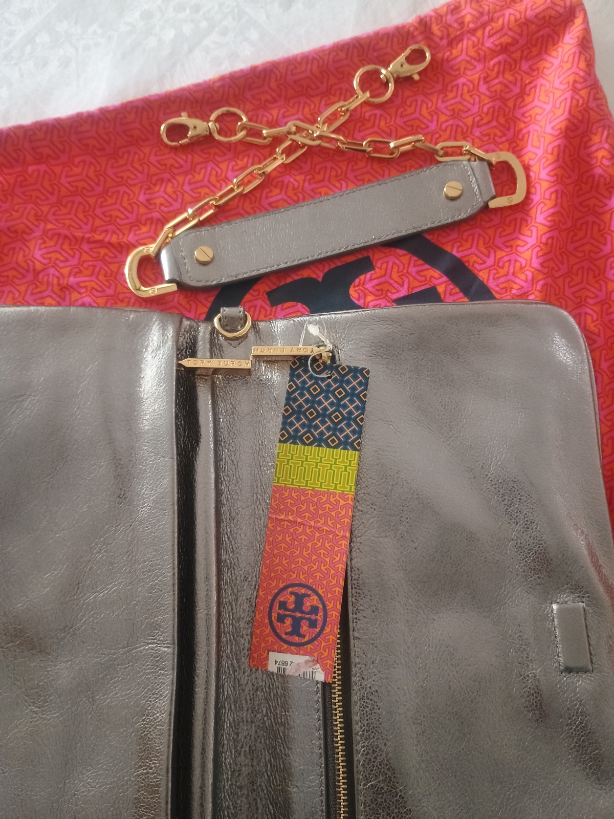 Tory Burch Handbag Shoulder Bag Steel Gray w/Chain Free Shipping w/ Dust Bag New