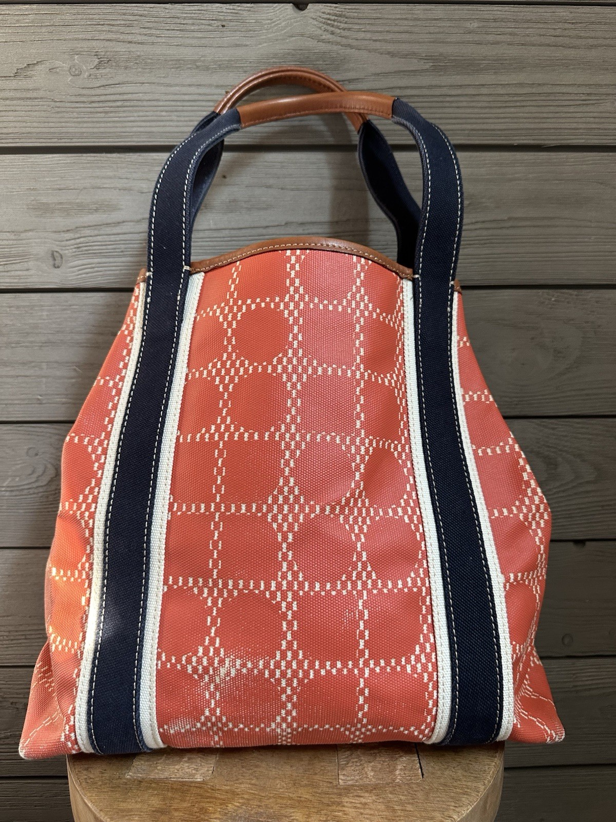 Kate Spade Waverly Noel Coated Canvas Tote Bag Orange Cream Navy Leather Trim