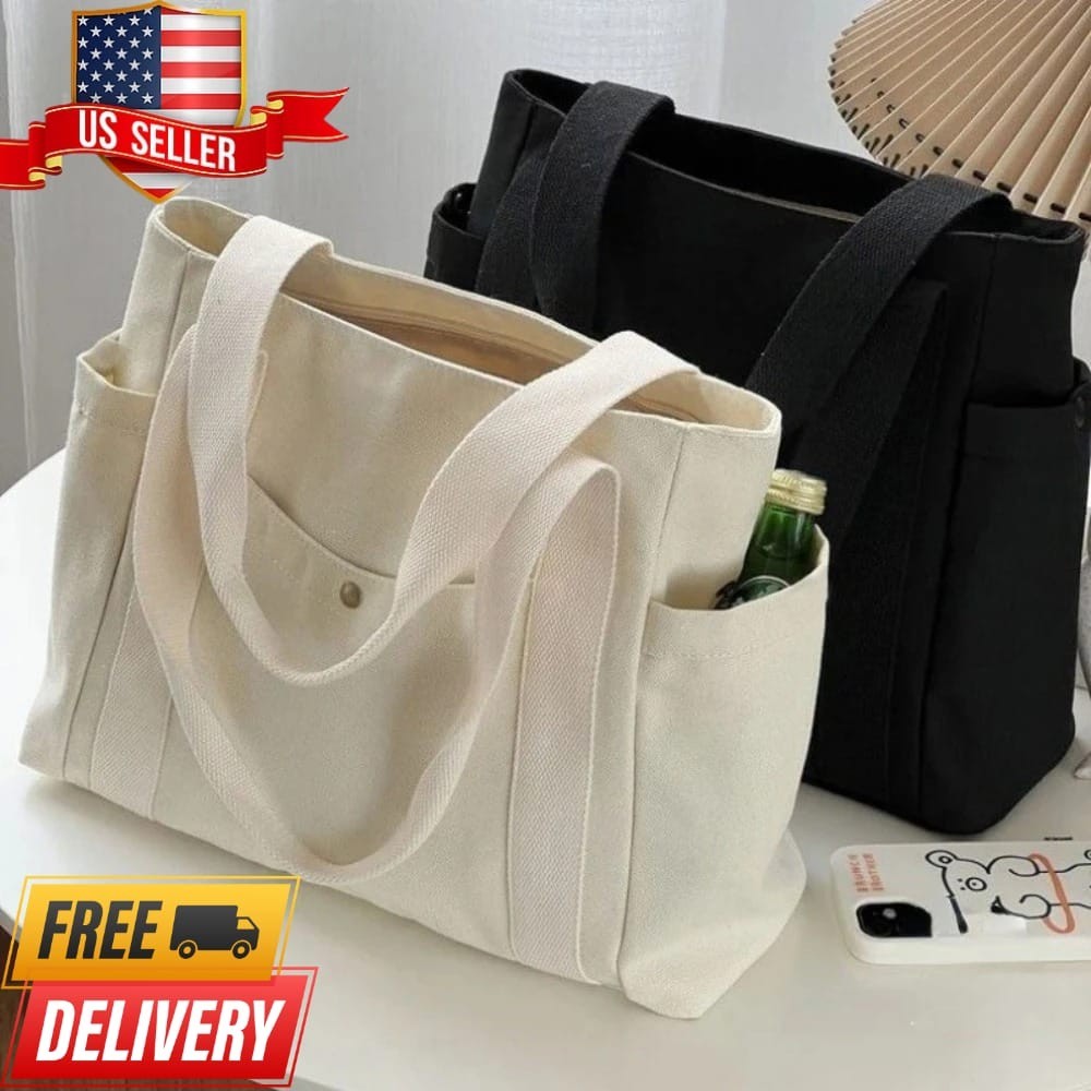 Large Canvas Tote Bag Women Shoulder Bag Multi Pocket Work College Shopping
