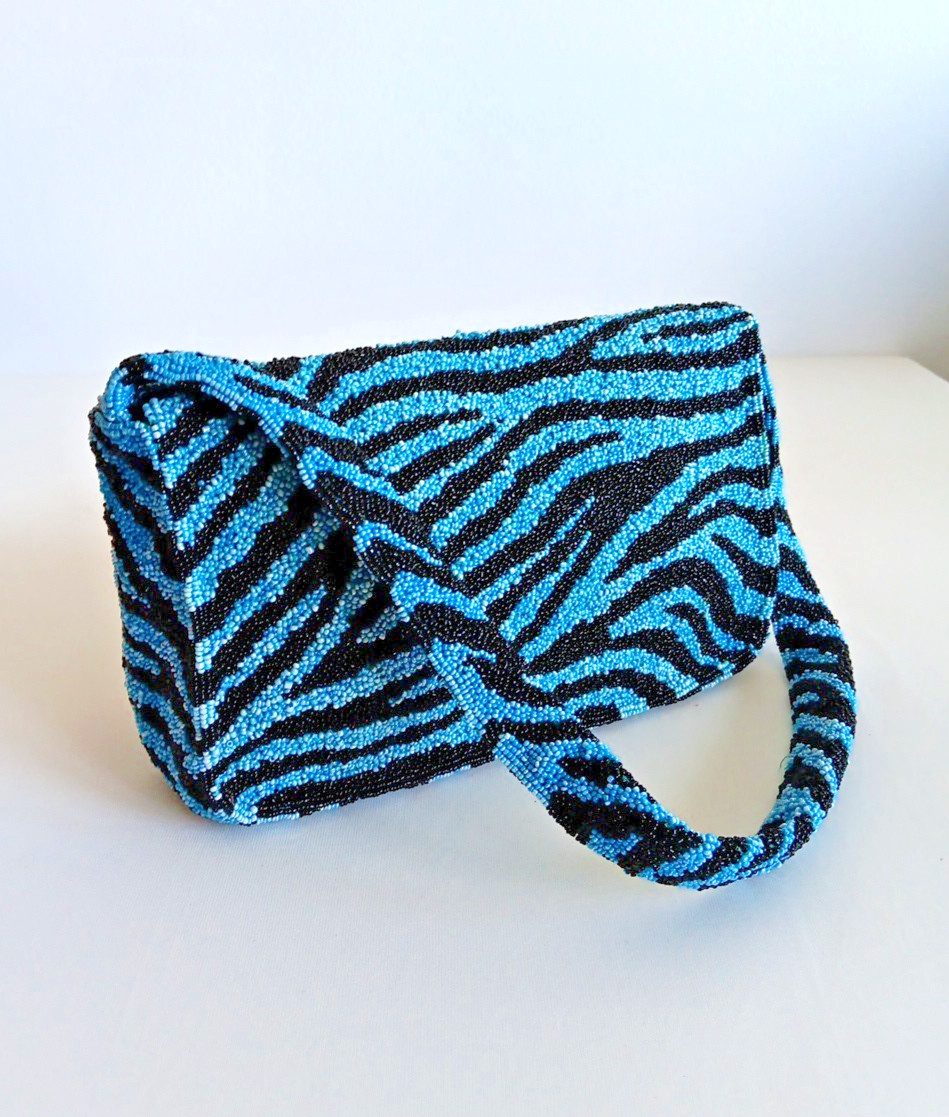 Moyna Blue & Black Tiger Print Beaded Purse with Strap Snap Close Inside Pocket