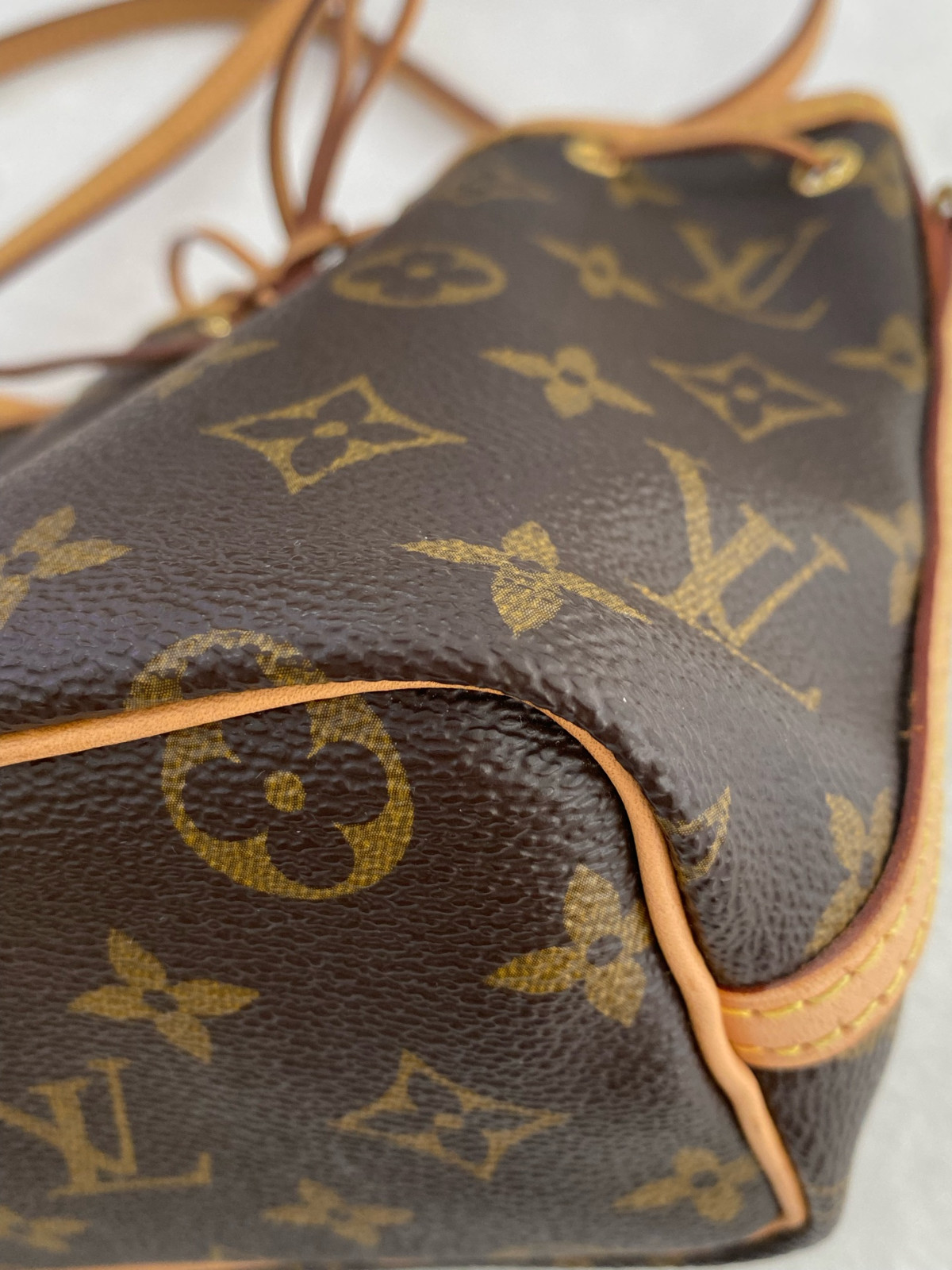 Authentic Louis Vuitton Nano Noé Monogram Canvas, Vachetta Leather Bucket Bag