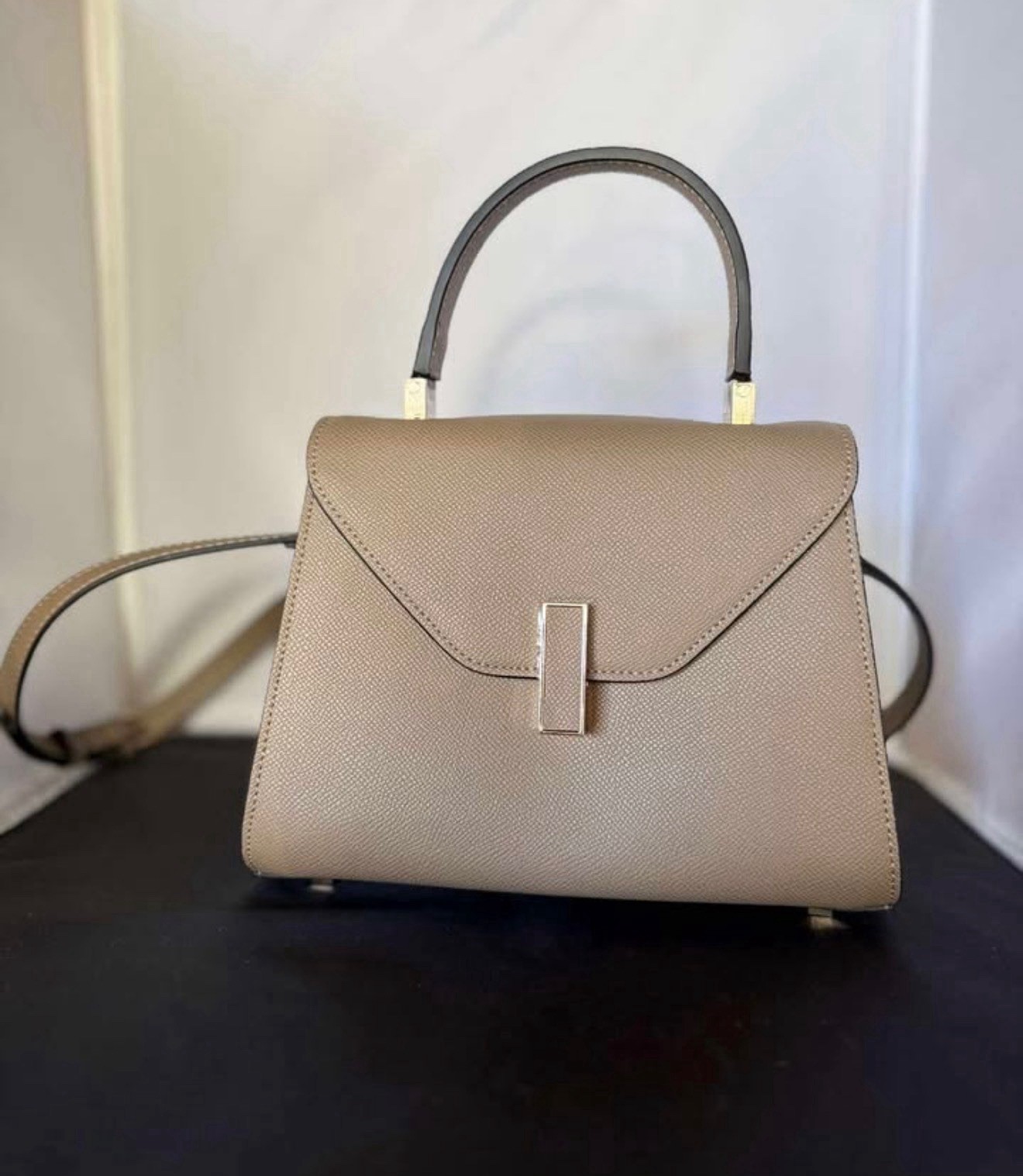 Beige Top Handle Bag with Gold-Tone Hardware & Crossbody Strap